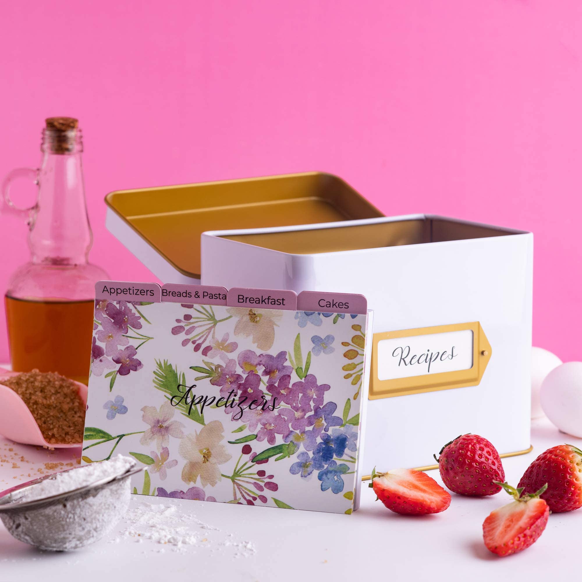 Heart & Berry White Recipe Box With 24 4X6 Recipe Cards And 12 Dividers - Recipe Cards And Box Set - Recipe Tin For 4 X 6 Inches