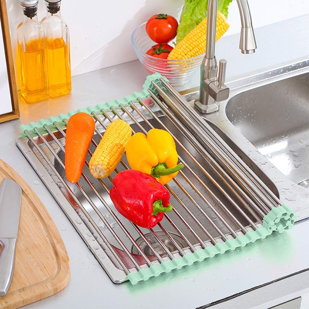 Vrundon Foldable Drain Rack Kitchen Sink Shelf Stainless Steel Multifunction Roll Up Dish Drying Folding Wash Drainer Tray Steel