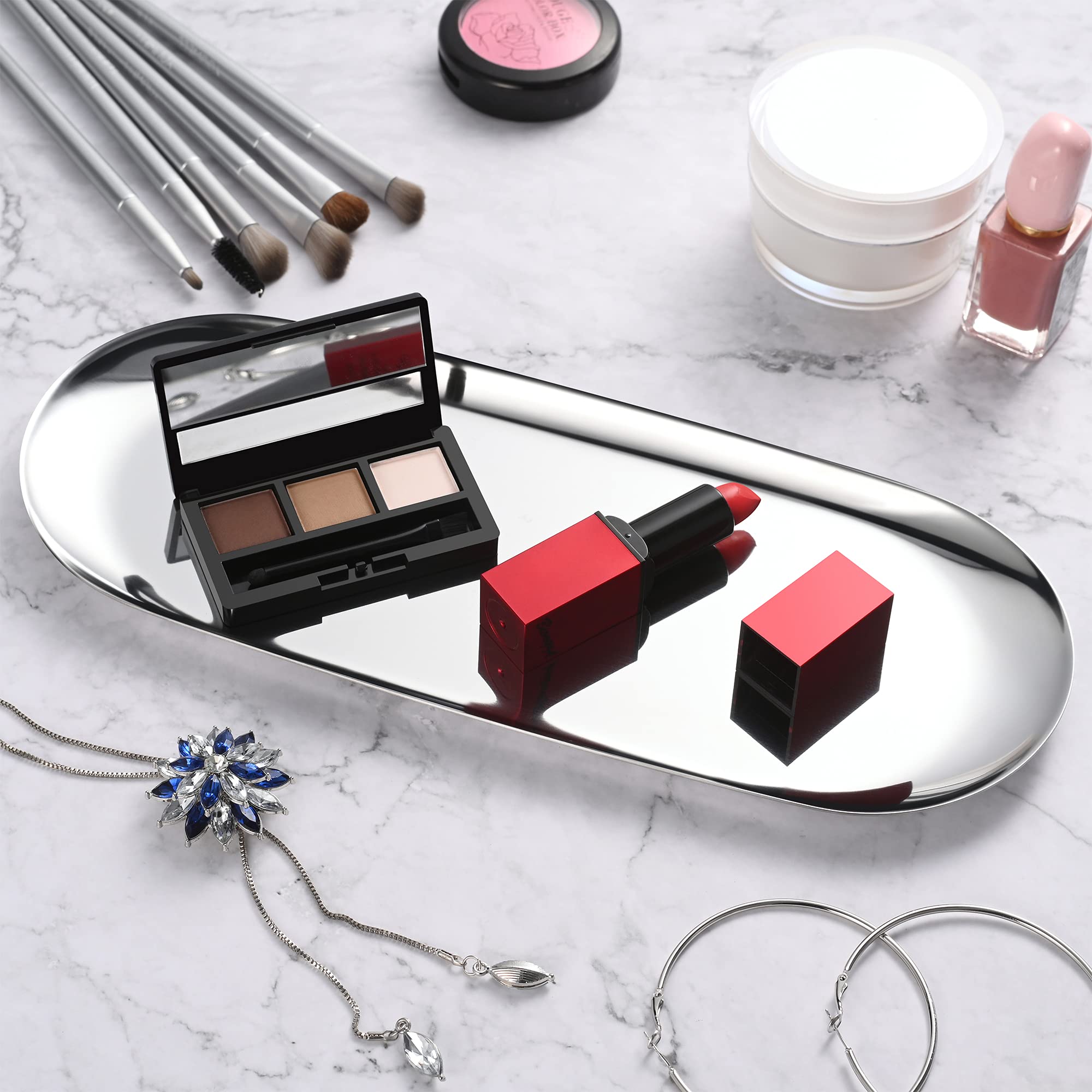 2 Pack Silver Oval Vanity Tray, Stainless Steel Jewelry Tray, Bathroom Tray, Makeup Cosmetic Trays,Towel Napkin Tray,Storage Org