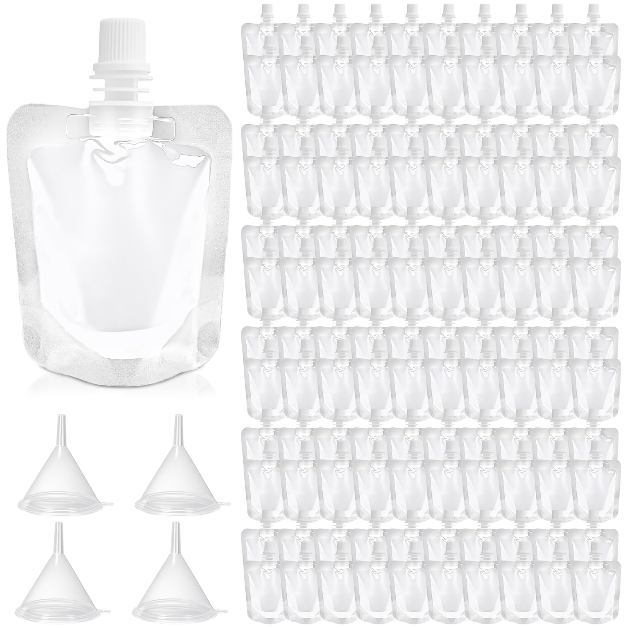 120 Pcs 1.7 oz Plastic Flasks Juice Bags Clear Leak Proof Squeeze Pouches with 4 Funnel for Travel Outdoor Sports
