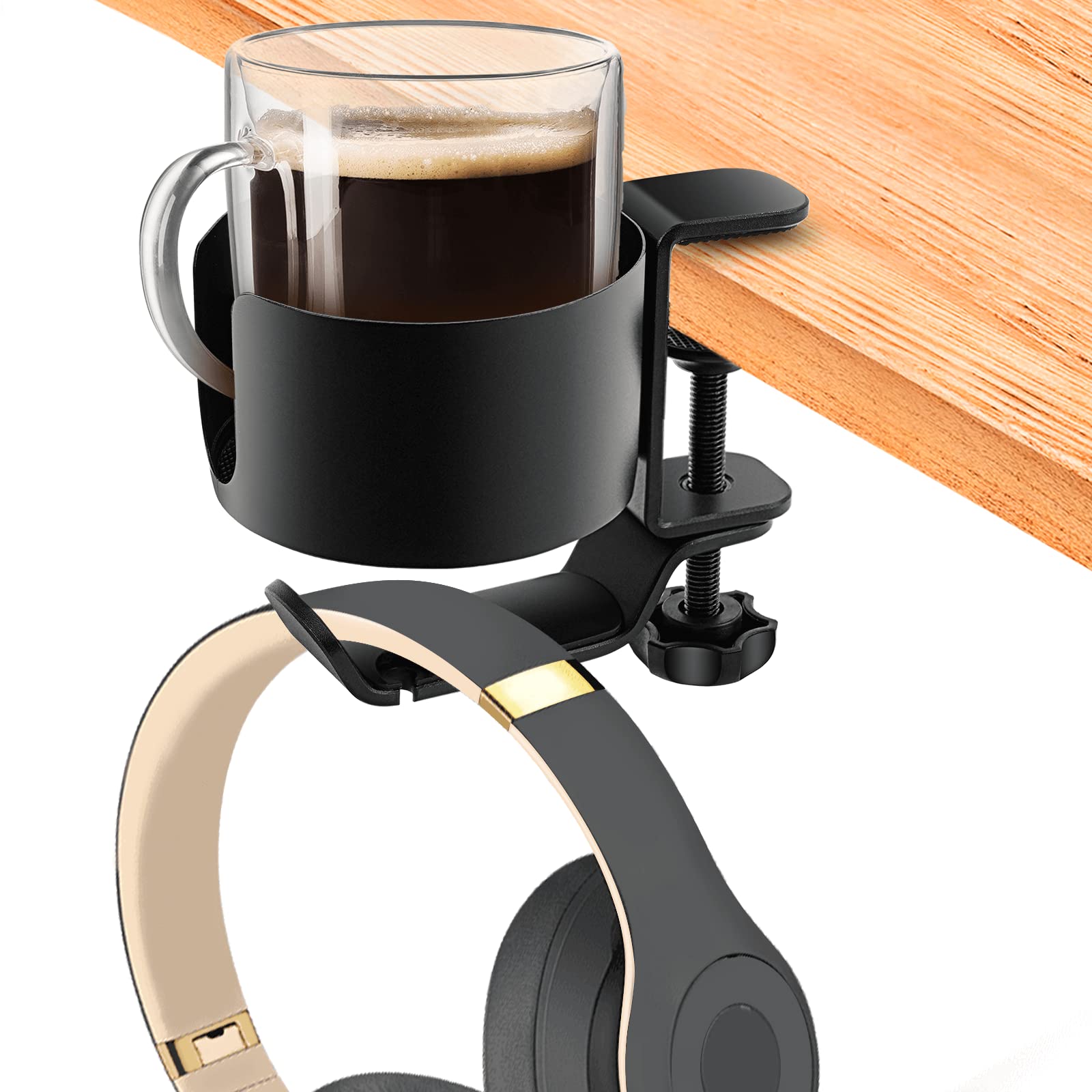 Desk Cup Holder, Ookuu 2 In 1 Desk Cup Holder With Headphone Hanger, Anti-Spill Cup Holder For Desk Or Table, Easy To Install, S