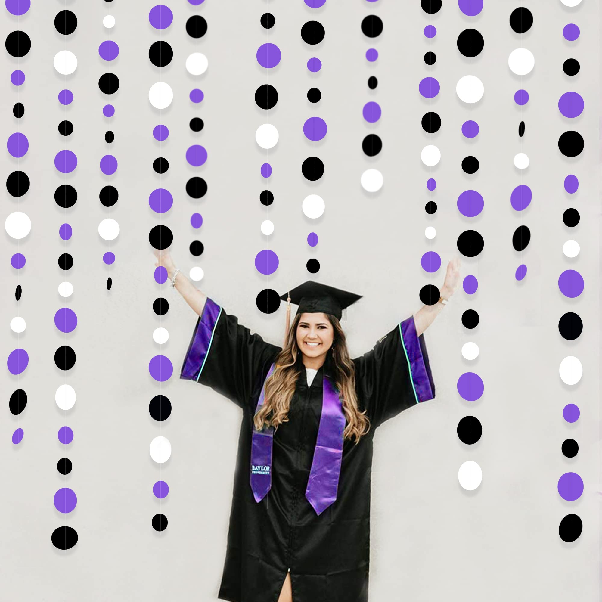 46Ft Purple Black Circle Dots Garlands Black Purple And White Polka Dot Hanging Paper Streamer Banners For Birthday Graduation W
