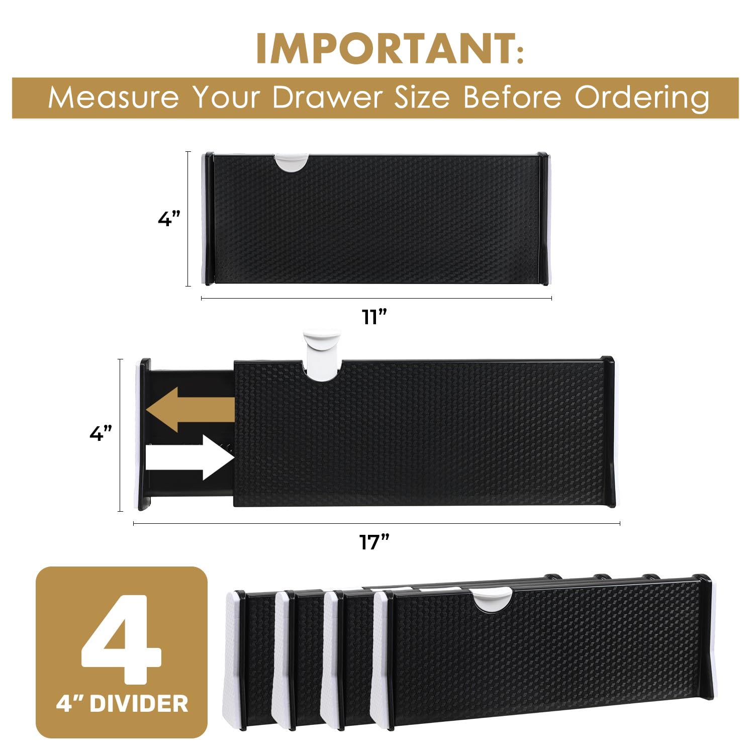 RAPTUROUS Adjustable Drawer Dividers 4 Pack, 4    High, 11-17    Long, Dresser Drawer Organizer for Bedroom, Closet, Kitchen, Nu