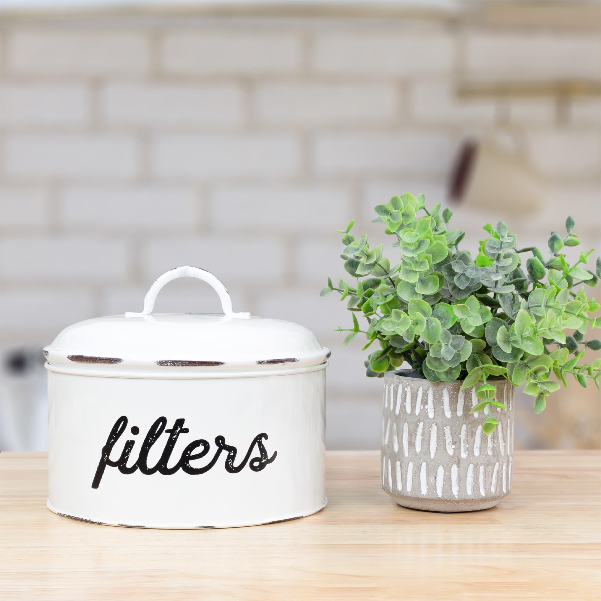 AuldHome Basket Coffee Filter Holder  White Enamel Filter Storage Container in Rustic Farmhouse Distressed Enamelware Design