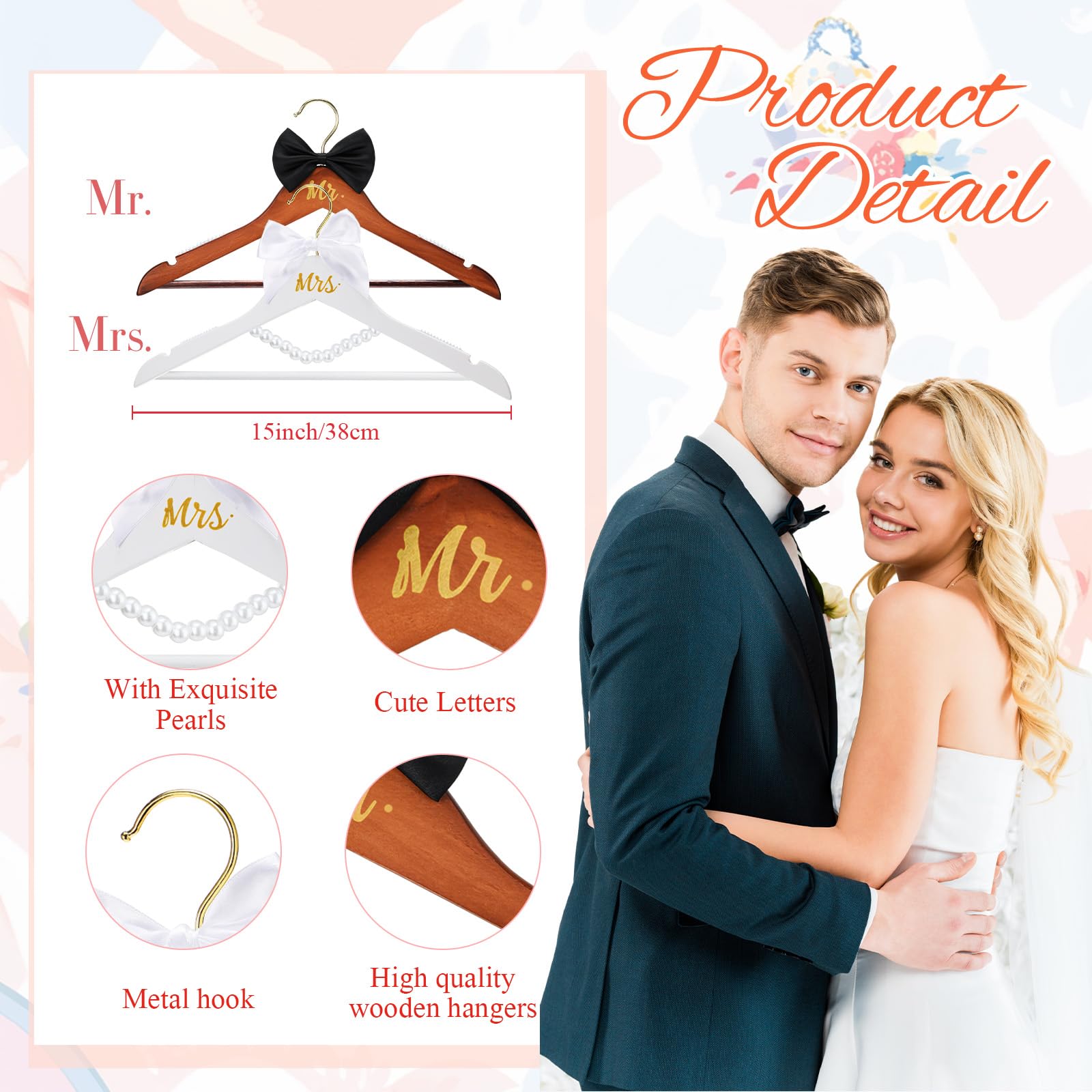 Beeveer 2 Pcs Bride Hanger Bride and Groom Wooden Wedding Dress Hanger Set with Bow Tie for Tuxedo Suit Wedding Gift Bridal Part