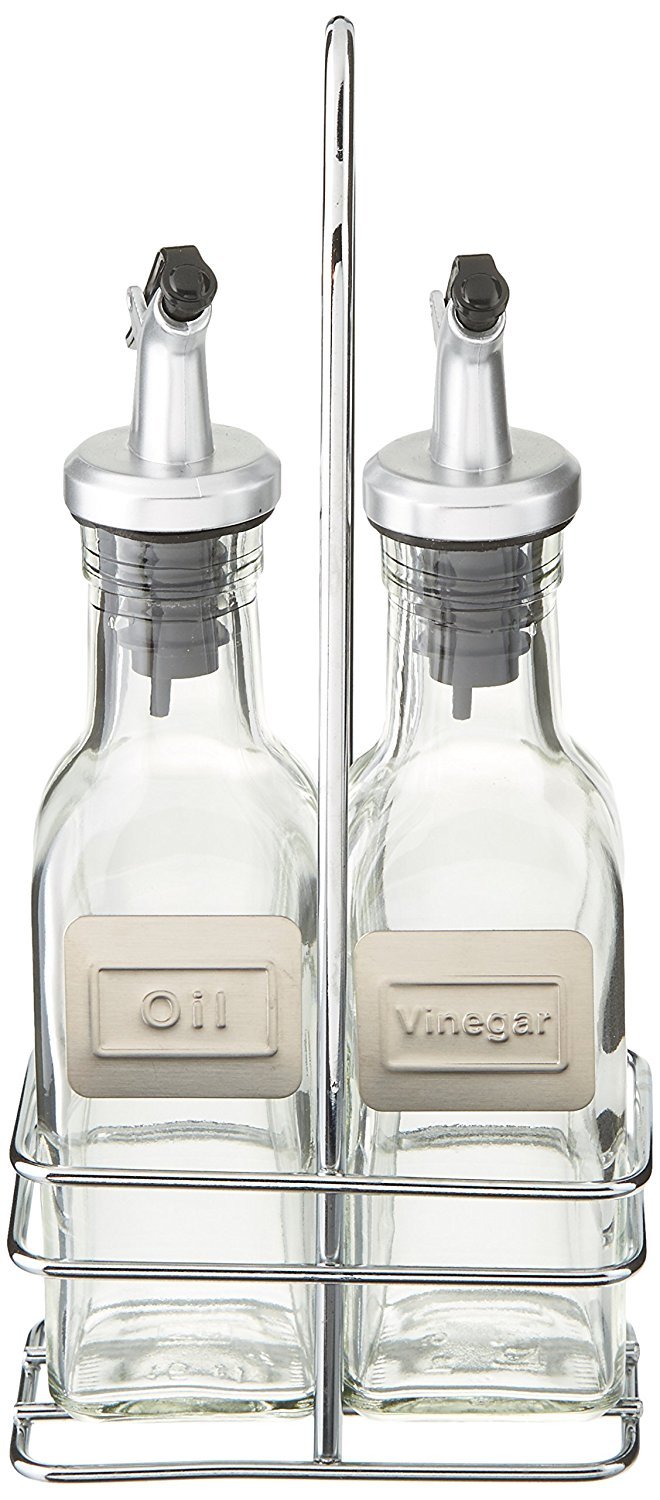 Cuisinox Cruet Oil And Vinegar Bottles Set With Dripless Spouts And Wire Caddy, English Labels - 6 Oz. Each
