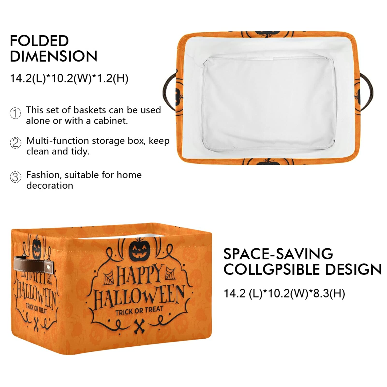 Xigua Halloween Pumpkin Foldable Storage Basket For Shelves, Collapsible Waterproof Sturdy Fabric Storage Bin With Handles, Canv