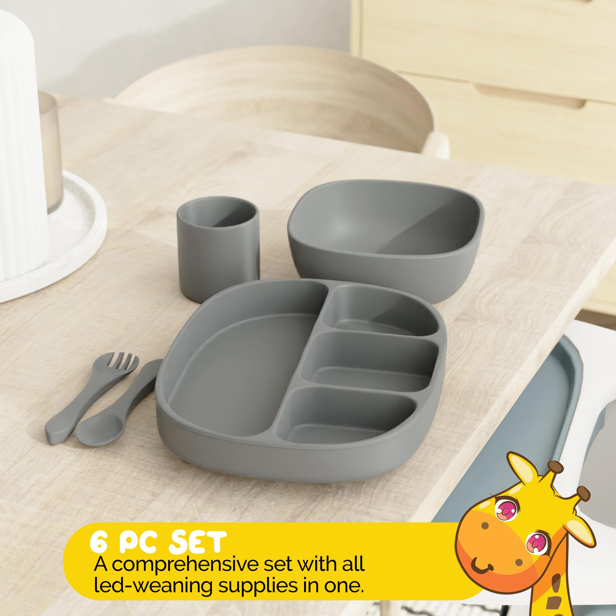 Muqee Peeko Baby Feeding Set, 6 Piece - Pebble Gray - Includes Suction Bowl, Plate, Silicone Bib, Spoon, Fork for Toddlers & Kid