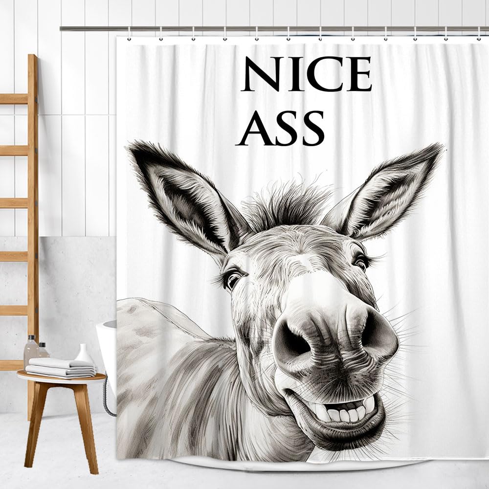 Lkfbsc Funny Donkey Shower Curtain, Black And White Farmhouse Animal 60X72 Shower Curtain Set, Gray Style Bathroom Decor Curtain