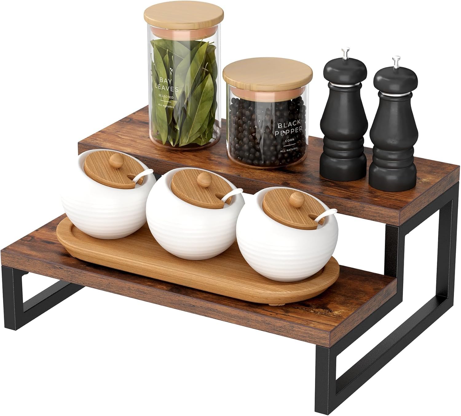 Yookeer Wood Display Riser Stand, Wooden Display Riser Shelf, Kitchen Counter Shelf Spice Rack Organizer, Tiered Countertop Disp