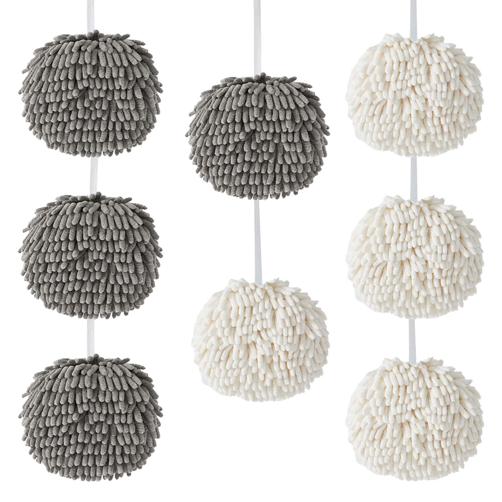 Xhmaxe 8-Pack Fuzzy Ball Hand Towel,(4 Each Of White And Grey) Soft Absorbent Microfiber Towels Ball Gadgets For Hanging Towels