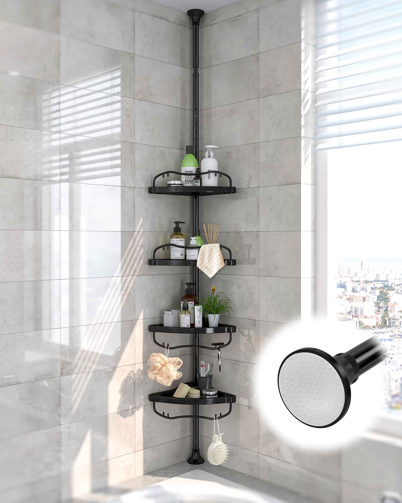 Corner Shower Caddy Tension Pole - 125 Inch Tall Adjustable Inside Shower Organizer 4-Tier Rustproof Bathroom Organizer Shelves