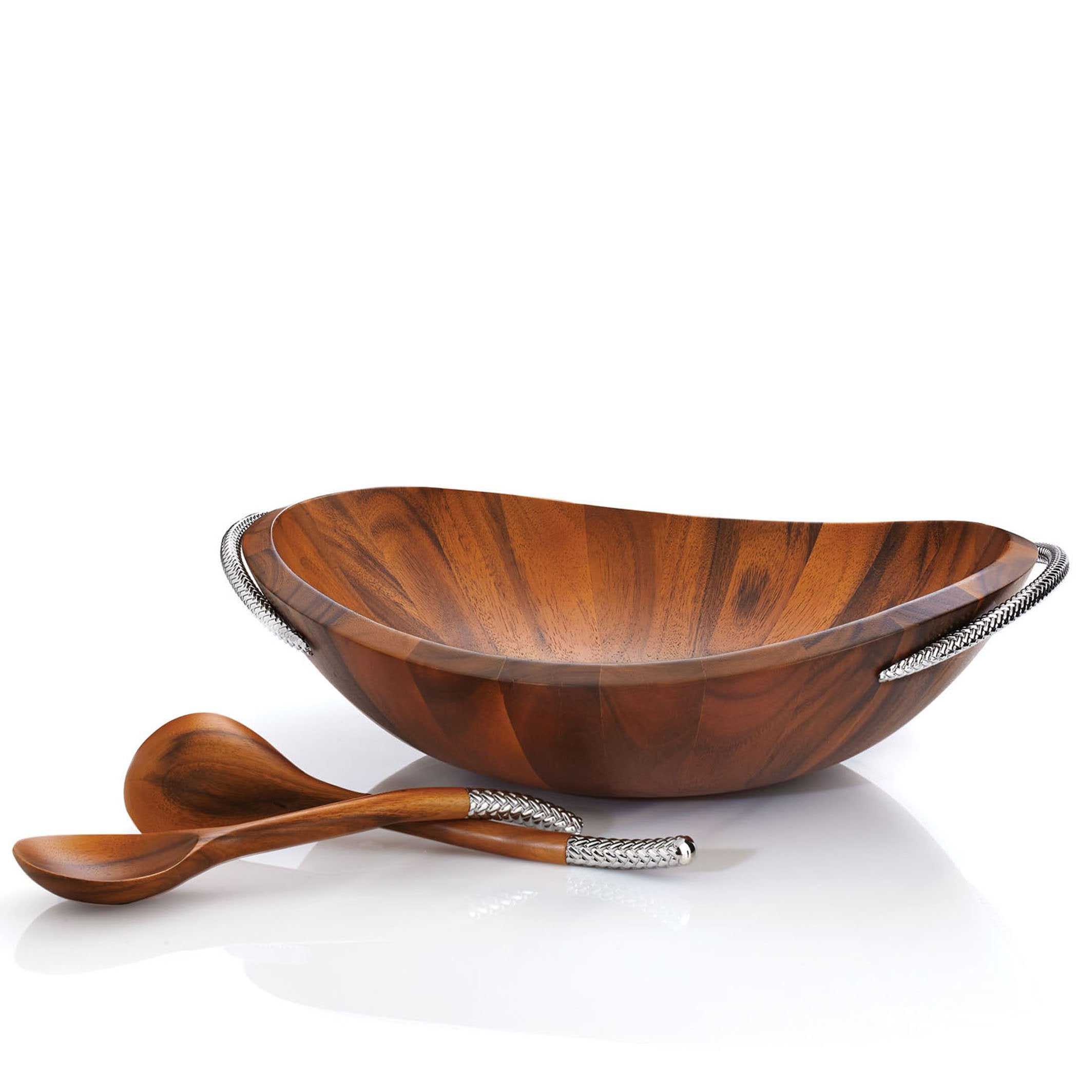Nambe Braid Salad Bowl With Servers | 3-Piece Set | Large Wooden Serving Bowl For Caesar Salad, Large Salads | Big Salad Bowl Wi