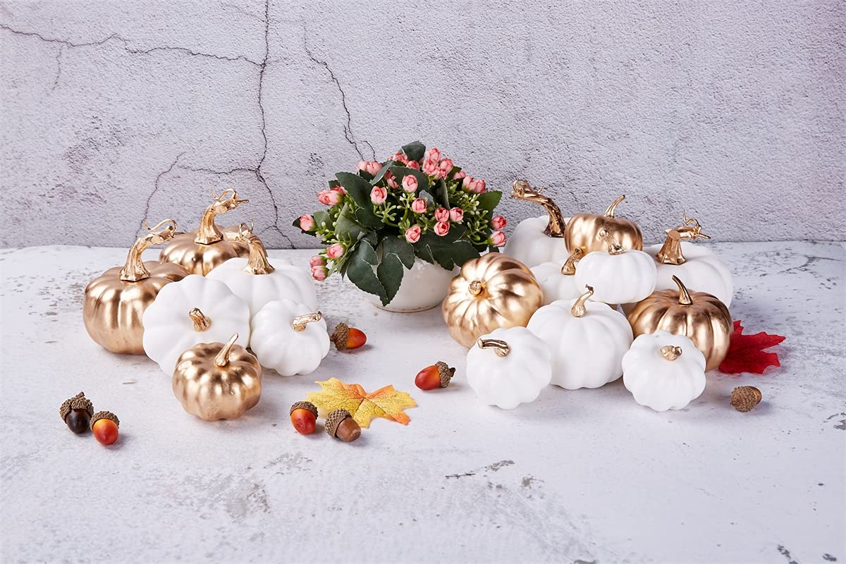Artmag 19 Pcs Artificial Pumpkins Decoration, Assorted Sizes Harvest Faux Pumpkins for Fall Thanksgiving Halloween Seasonal Holi