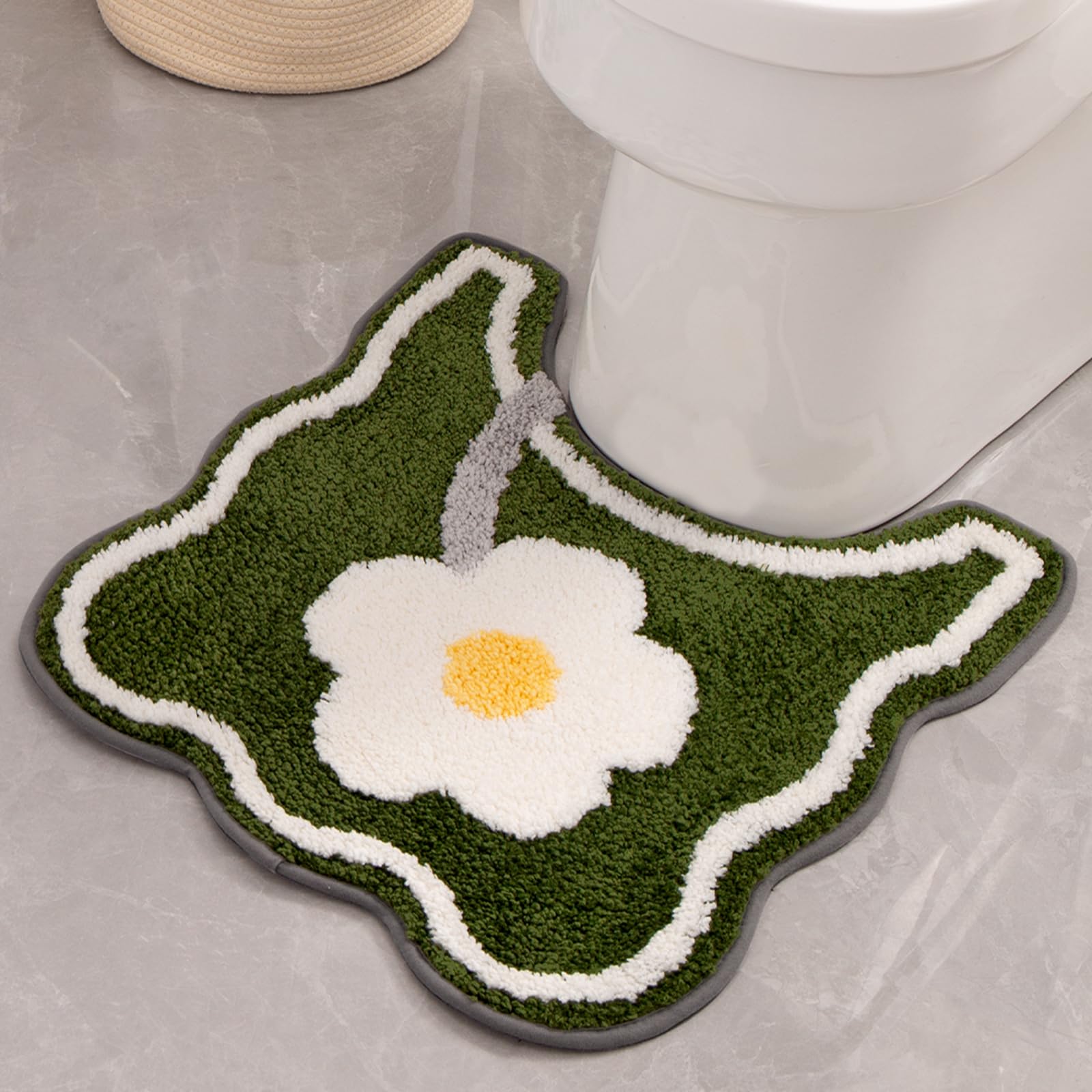 Ptaexcel Toilet Rug U-Shaped, Floral Green Non-Slip Bath Mat, Soft Plush Contour Bathroom Rug, Absorbent Microfiber Toilet Bath