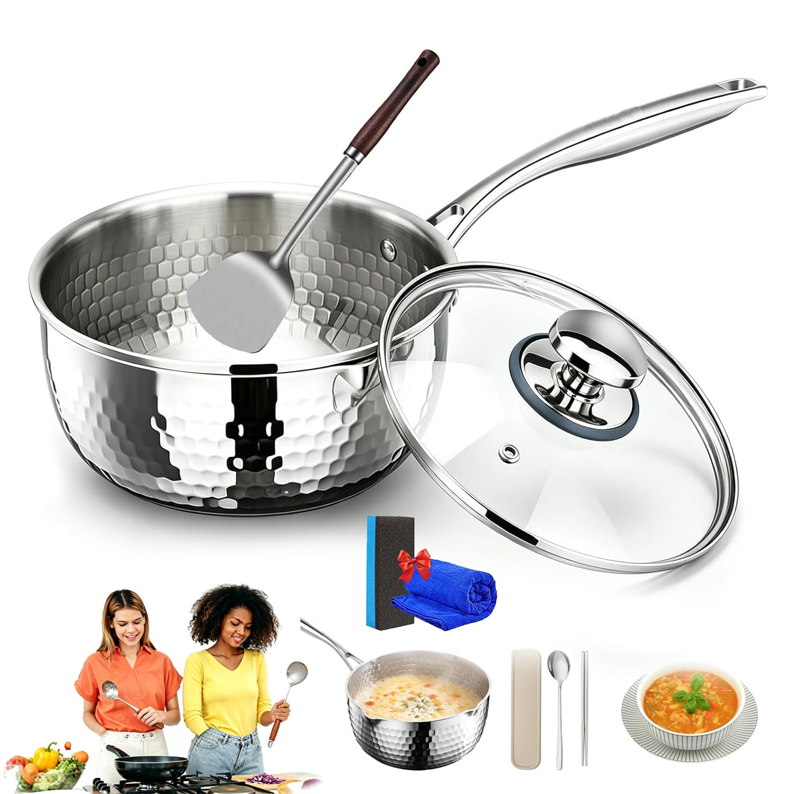 Pure Titanium Saucepan with Lid, Nonstick Hammered Titanium Pan for Cooking, Dual Pour Spouts, Fast Even Heating, Uncoated Heal