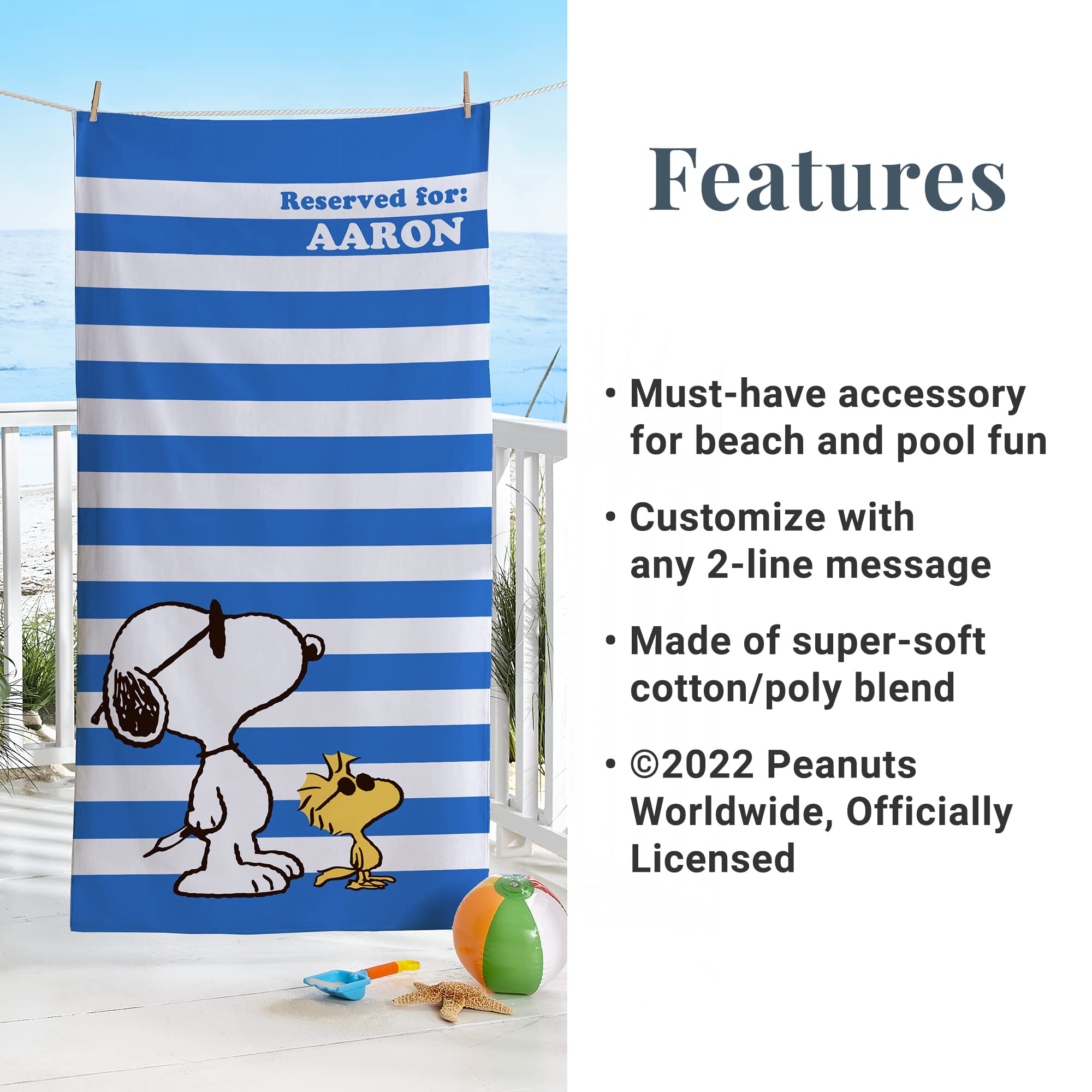 Let'S Make Memories Personalized Peanuts Cool Blue Stripes Beach Towel - Pool Party