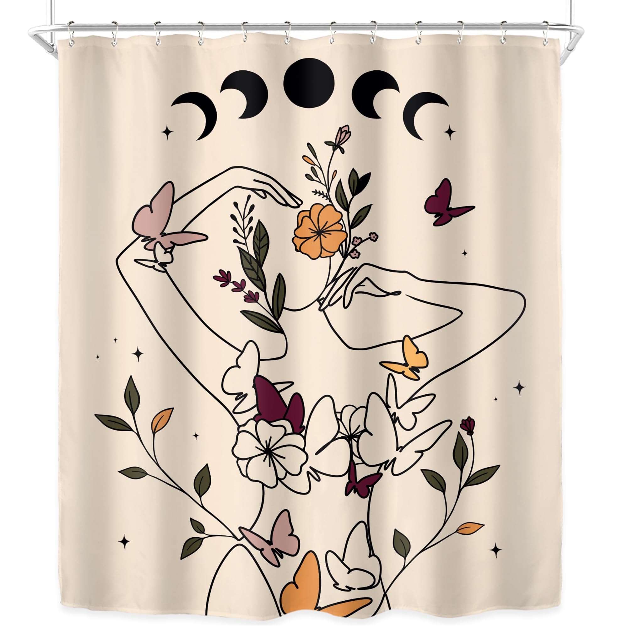 Riyidecor Abstract Woman Art Line Moon Phase Shower Curtain For Bathroom Decor 60Wx72H Floral Butterfly Body Modern Aesthetic Mi
