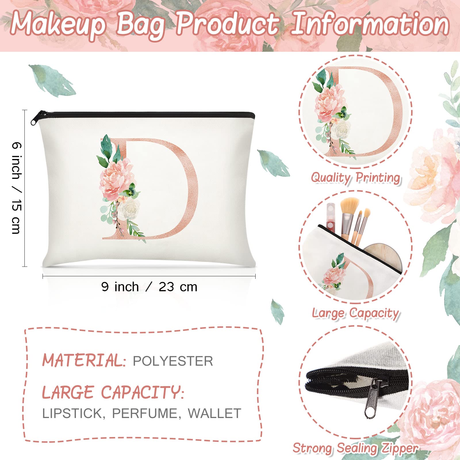 2 Pcs Initial Canvas Tote Bags Floral Letter Travel Cosmetic Bags Personalized Beach Bags Monogrammed Bags Portable Makeup Zippe