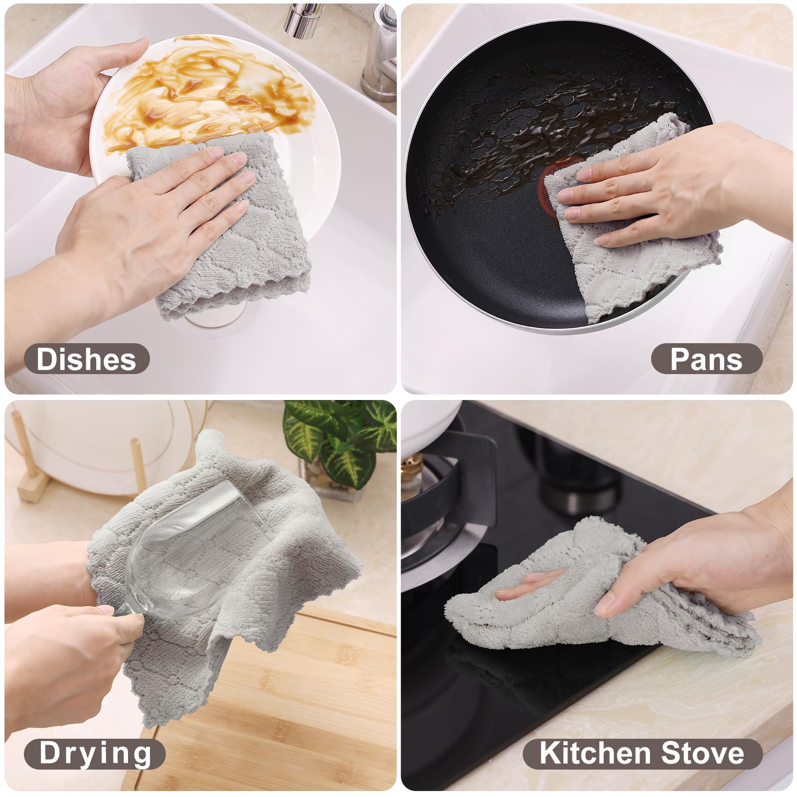 Homaxy 12 Pack Kitchen Dish Cloths (10 X 10 Inches, Grey), Super Soft And Absorbent Coral Velvet Dish Towels, Nonstick Oil Fast