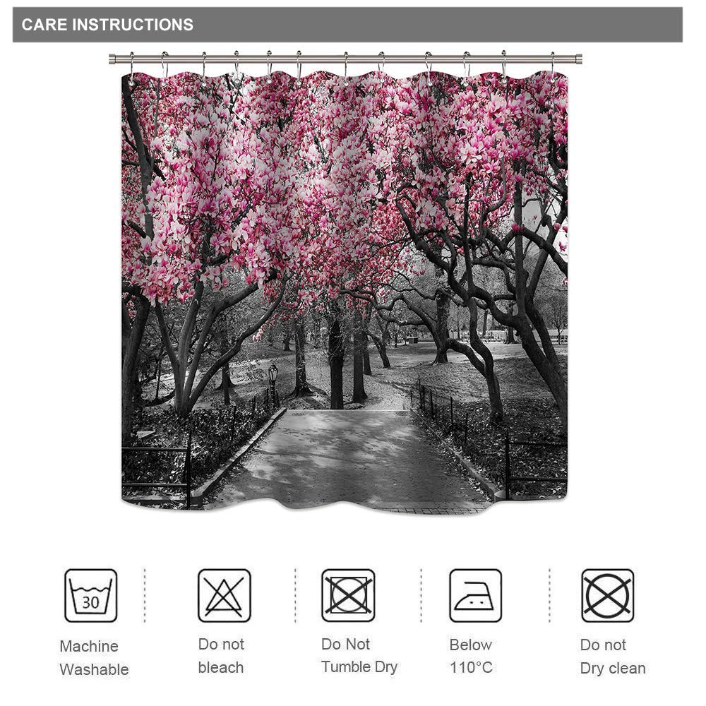 Riyidecor Blooming Pink and Gray Shower Curtain Forest Flowers Cherry Blossoms Park Spring Floral Trees Road Landscape Scenic Fabric Waterproof Bathroom Decor Set 72x72 Inch 12 Shower Plastic Hooks