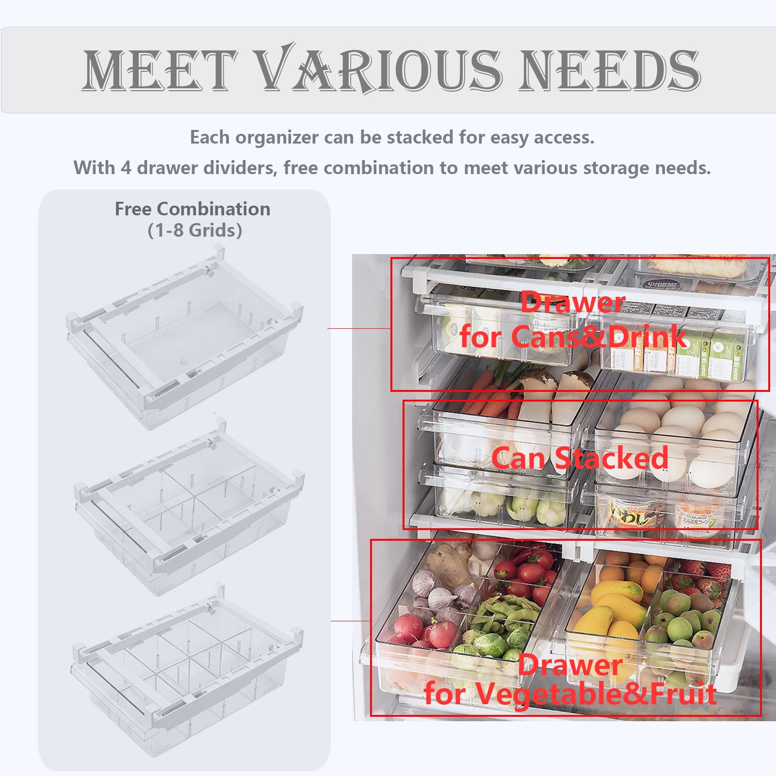 Refrigerator Organizer Bins - Clear Plastic Container Drawer For Egg Vegetable Fruit Snack Drink Food, Home Essentials Organizat