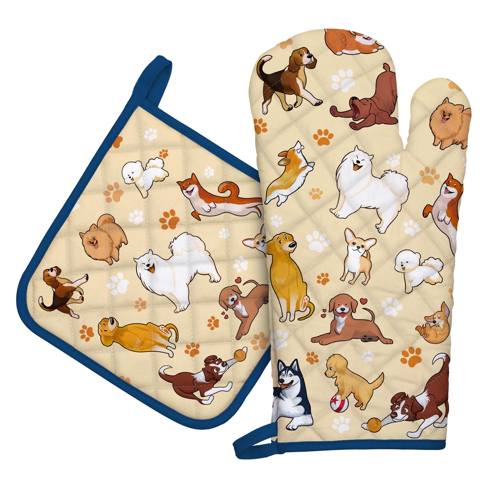 Arquiel Dogs Oven Mitts And Pot Holders Sets 100% Cotton Heat Resistant, Extra Long Oven Gloves Potholder For Kitchen Cooking Ba