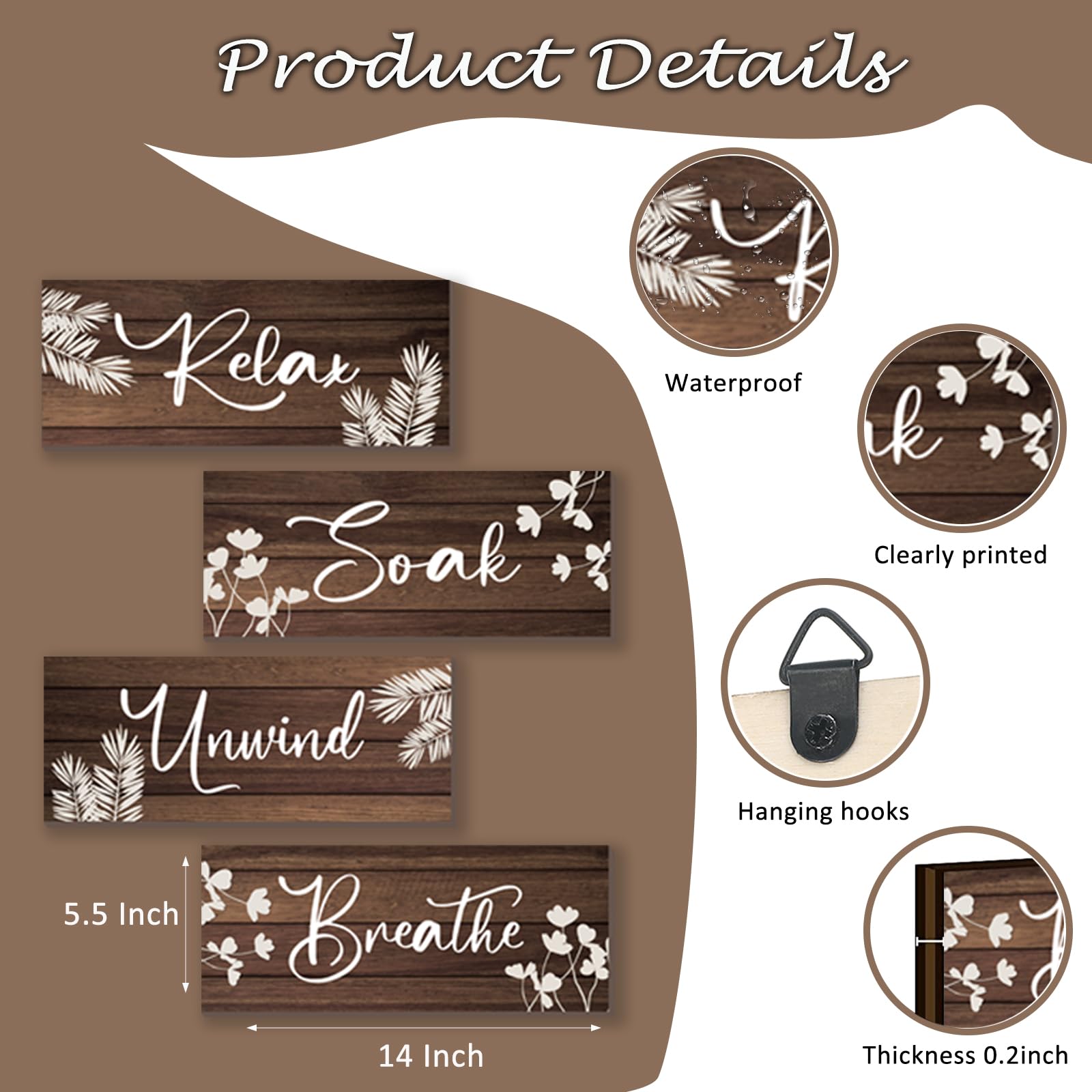 ONIZHITY 4 Pieces Large Brown Bathroom Decor Farmhouse Bathroom Accessories Rustic Relax Soak Unwind Breathe Wooden Signs with V