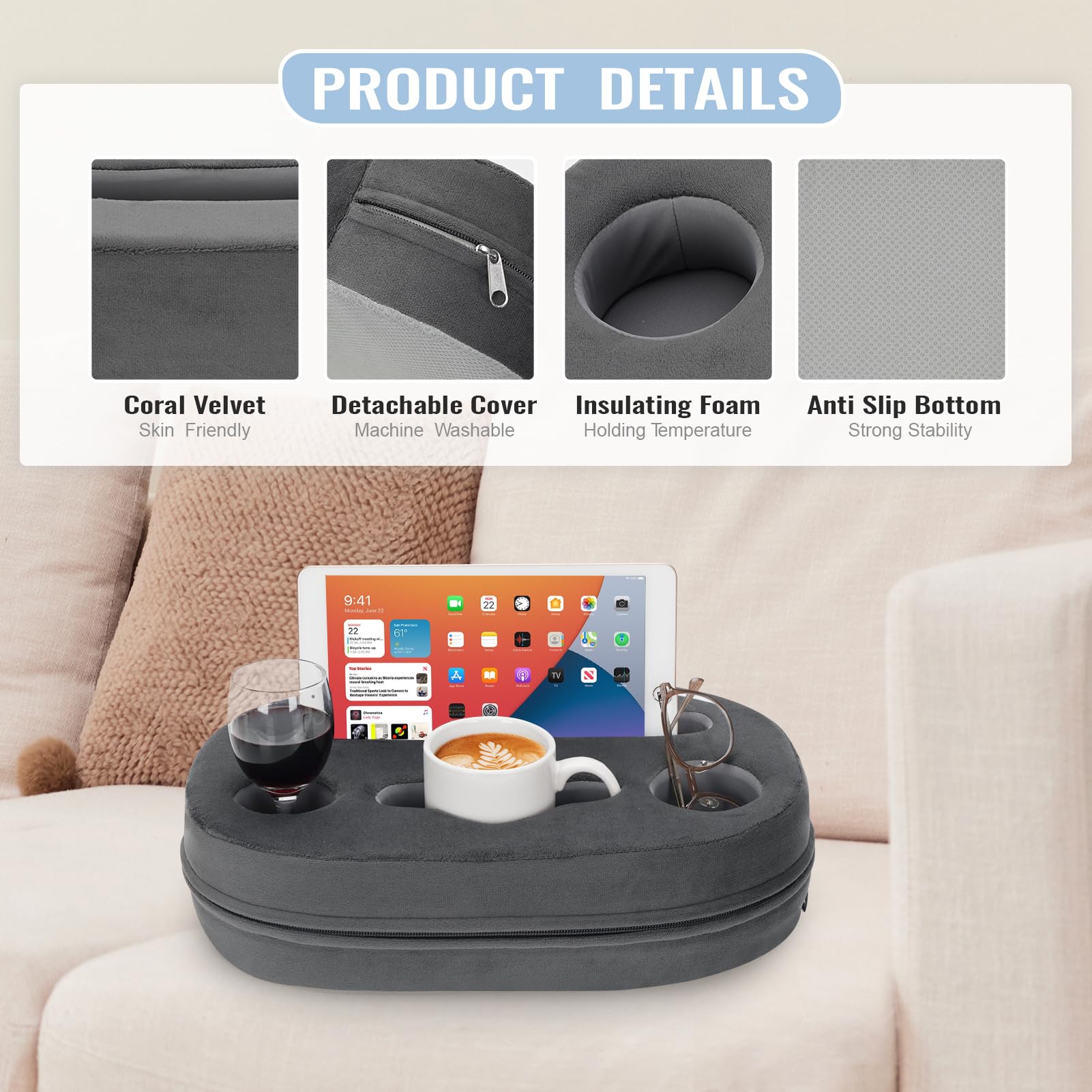 Permade Cup Pillow Holder For Couch - Cup Glass Mug Cozy Pillow | Bed Couch Cup Holder For Snacks, Beverage, Remote | Sofa Drink