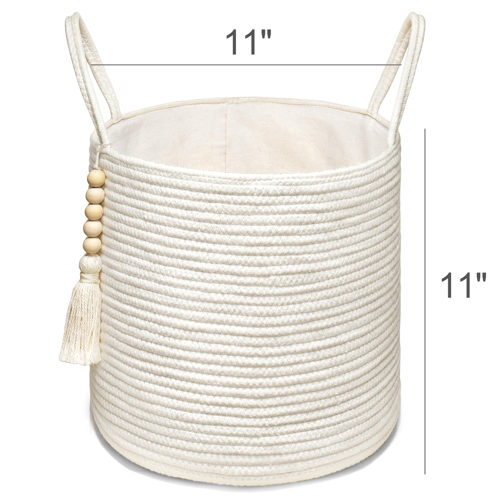 Mkono Woven Storage Basket With Handles Decorative Cotton Rope Basket Wooden Bead Decoration For Blankets,Toys,Clothes,Living Ro