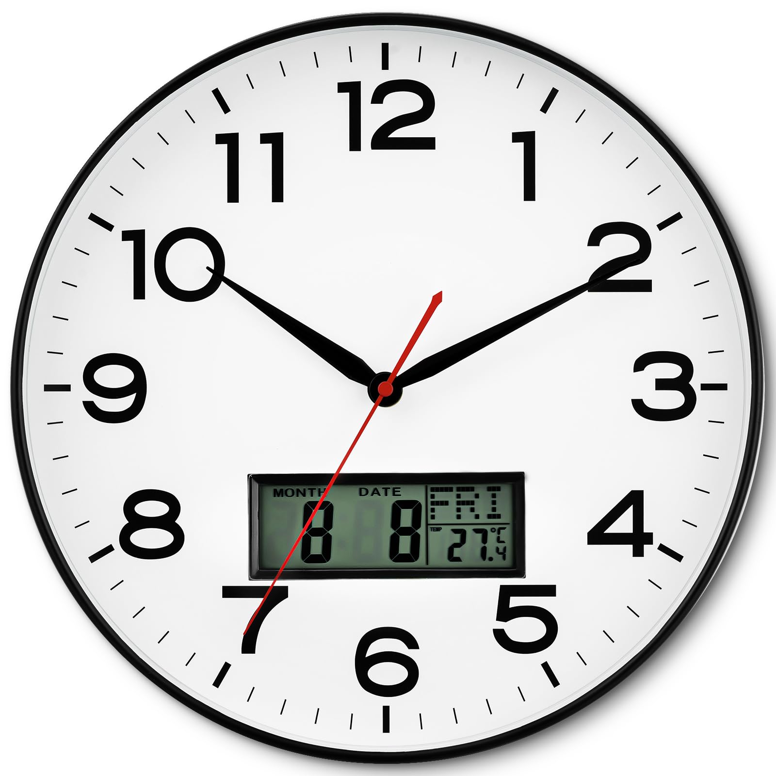Akcisot Wall Clock 12 Inch, Non-Ticking Silent Battery Operated Analog With Lcd Display For Perpetual Calendar And Temperature, 