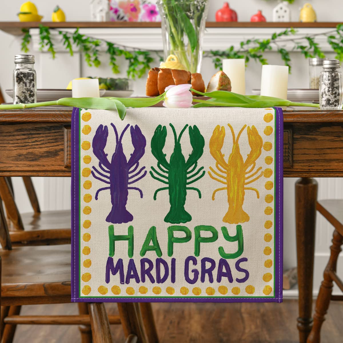 Artoid Mode Beads Happy Mardi Gras Carnival Table Runner  Seasonal Holiday Kitchen Dining Table Decoration for Indoor Outdoor Home Party Decor 13 x 108 Inch