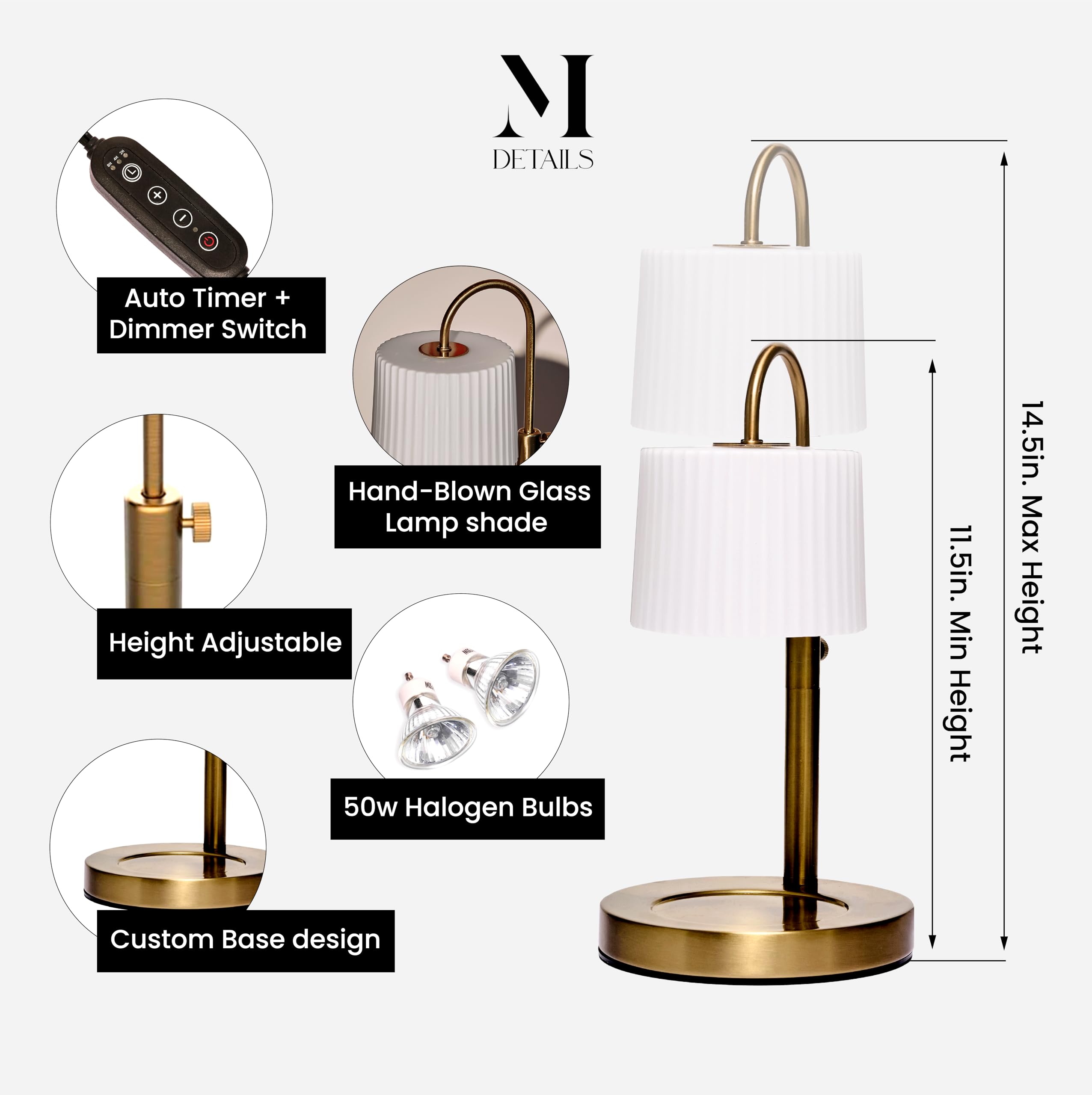 Dimmable Glass Candle Warmer Lamp with Timer - Adjustable Height Candle Lamp Warmer with Timer (8H/4H/2H) - Wax Melter - Ideal G