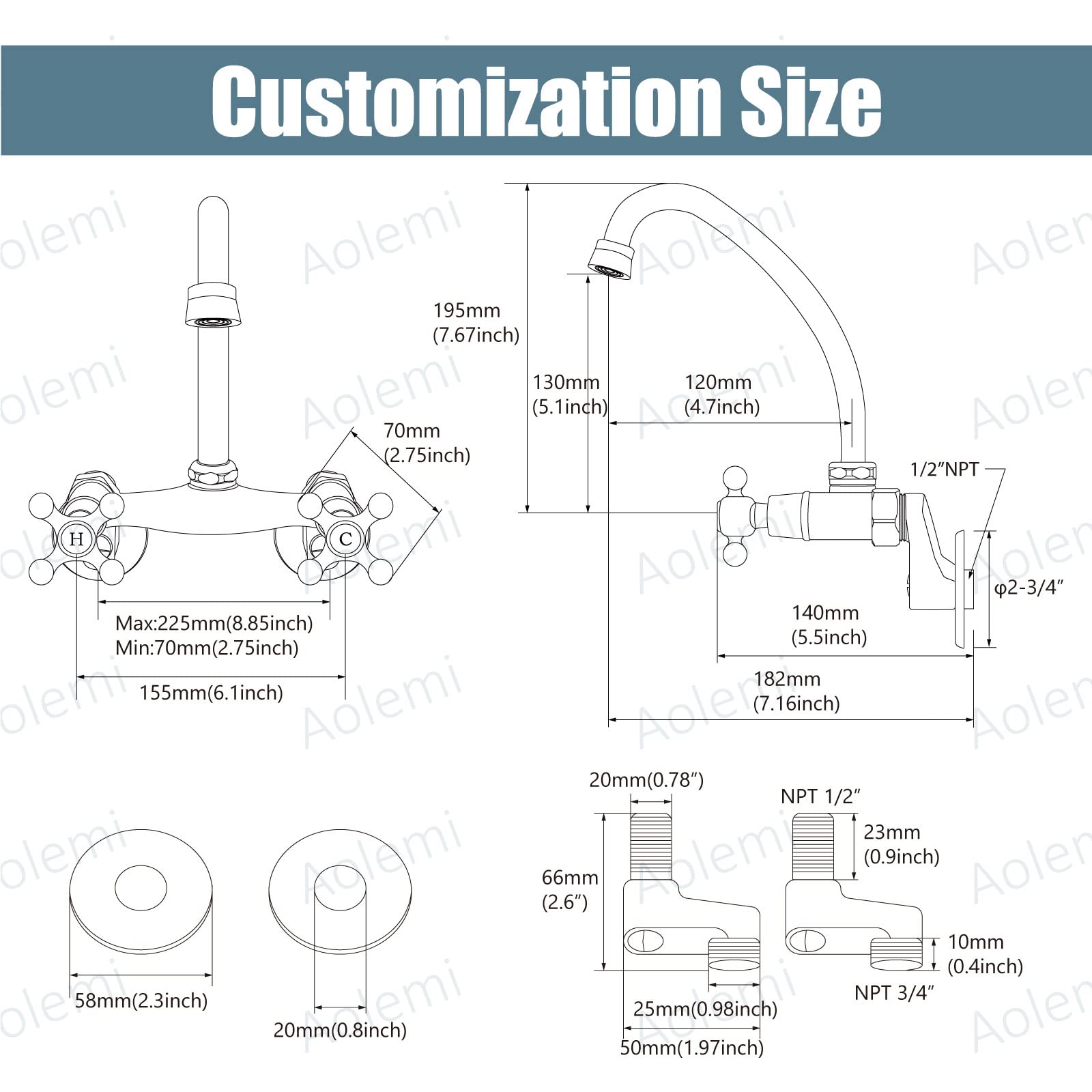 Aolemi Wall Mount Kitchen Faucet 6 Inch Center With Swivel Spout Adjustable Spread 2 Cross Handle Basin Sink Mixer Tap, Brushed