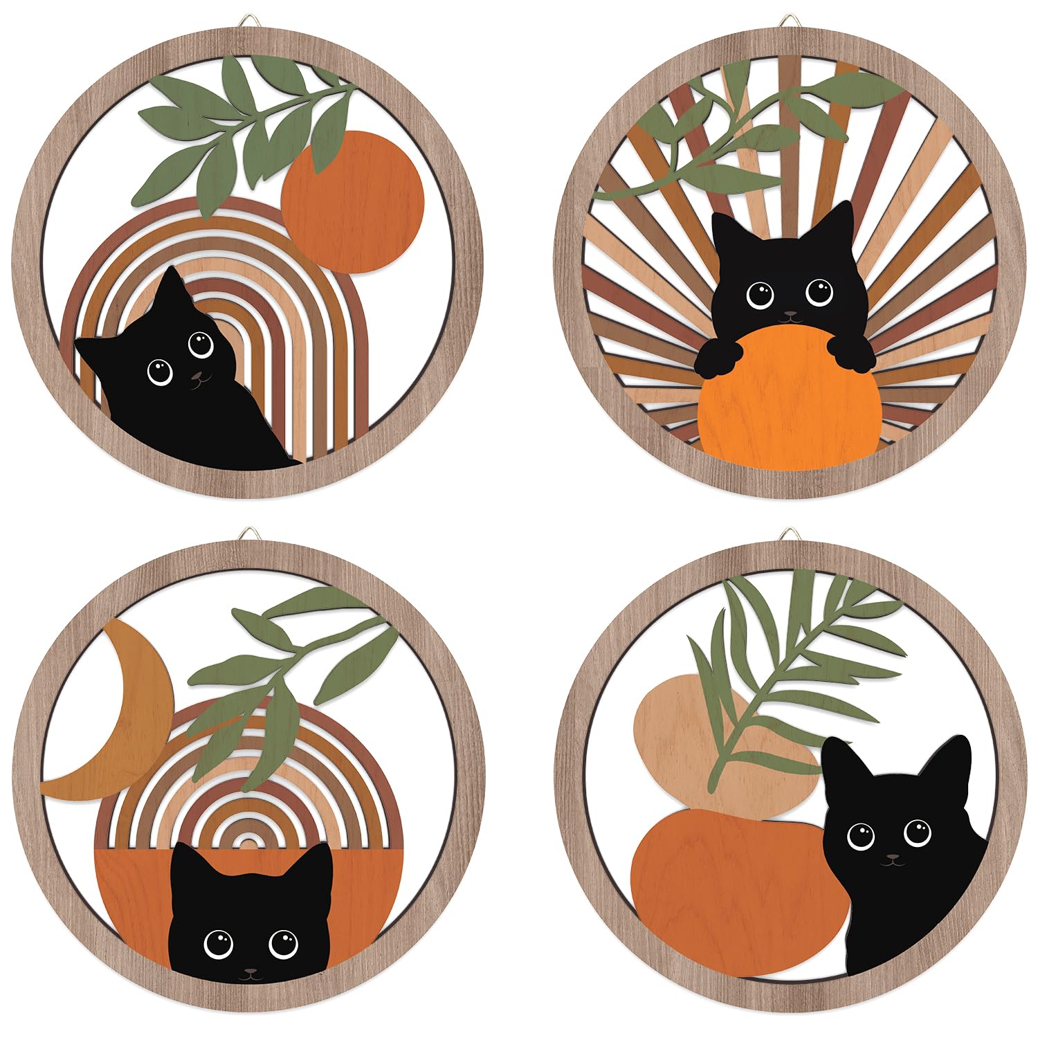 HPNIUB Boho Black Cat Wall Decor, Farmhouse Geometric Hanging Wooden Wall Art, 4 Pieces 10    x10     Mid Century Bohemian Abstr