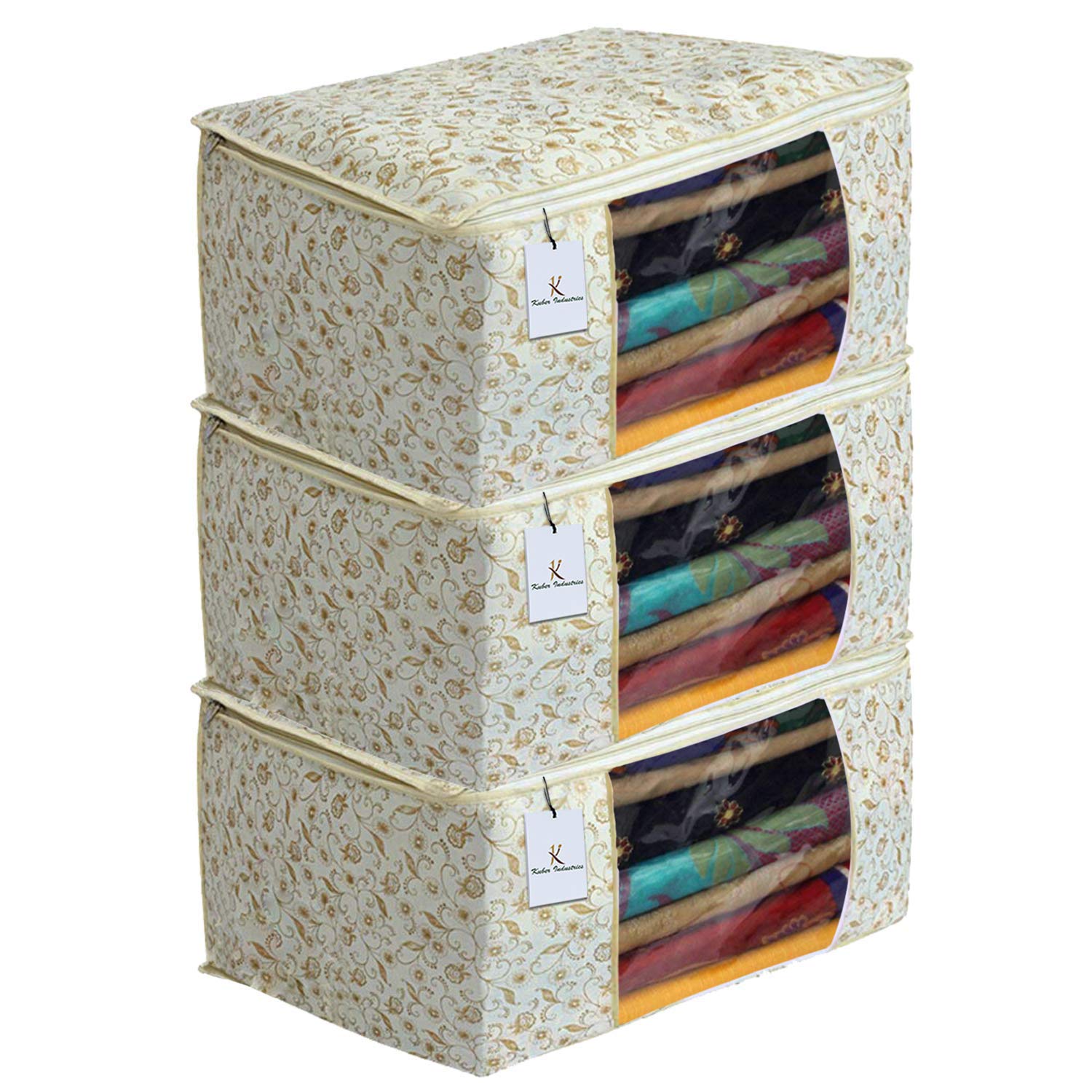 Kuber Industries NonWoven Metallic Print 3 Piece Non Woven Saree Cover Set (Brown)