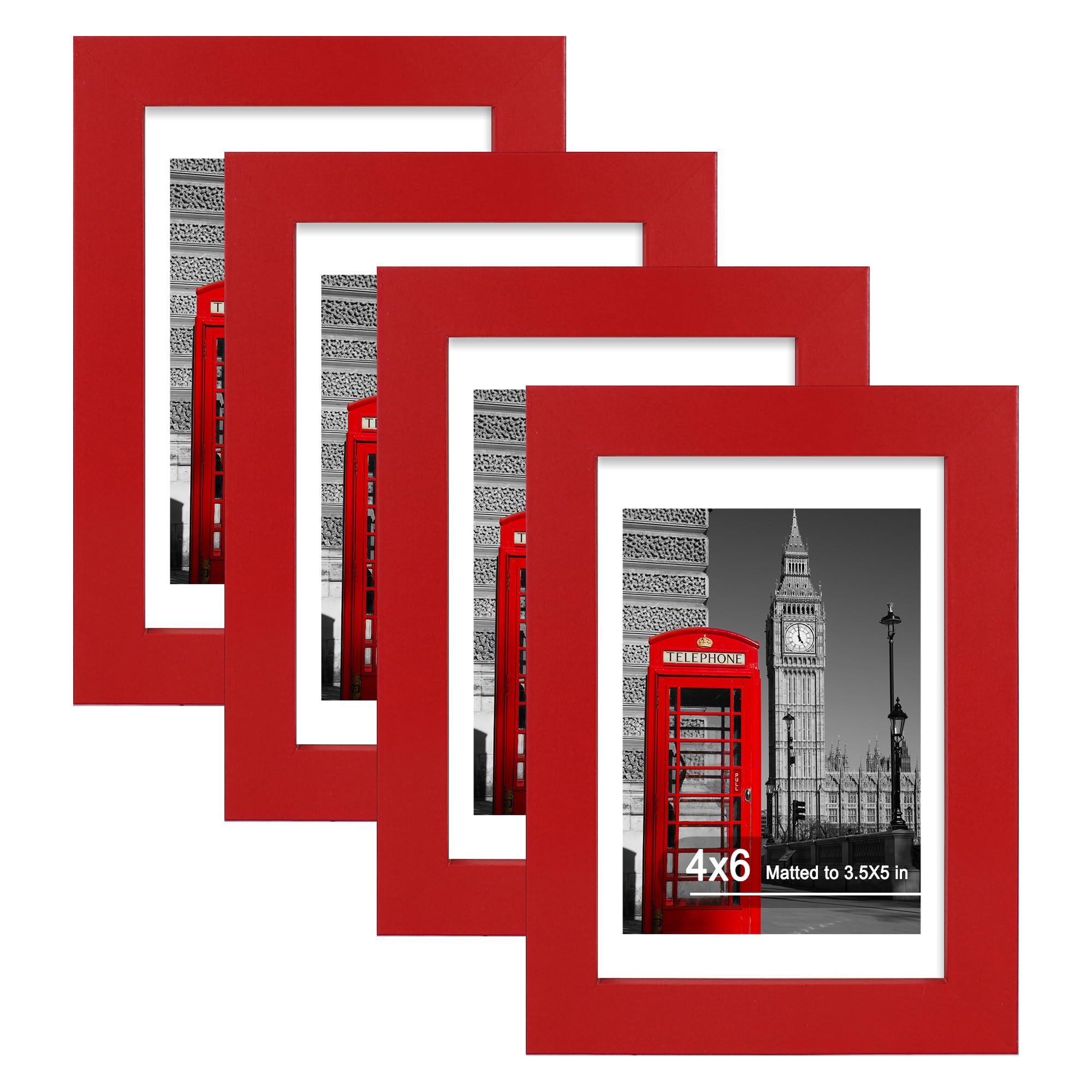 Hongkee 4x6 Picture Frame (4 Pack, Red), Made of Real Glass and Wooden Frame - Display Pictures 3.5x5 with Mat or 4x6 Without Ma