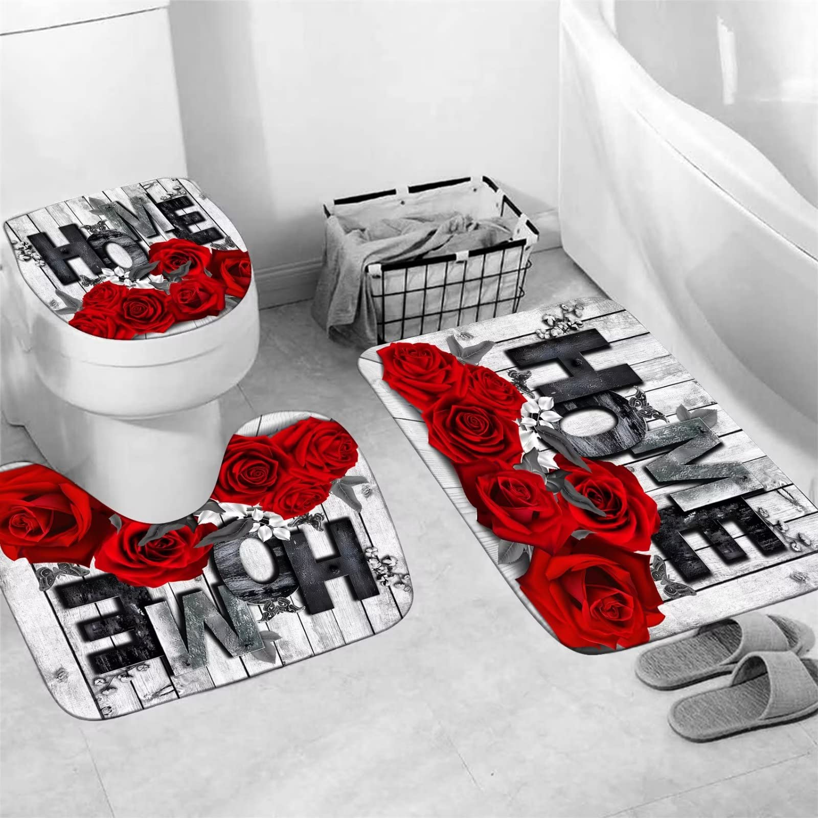 Yddsky Red Rose 4 Pcs Shower Curtain Sets Non-Slip Rugs Bath Mat Toilet Cover U Shaped Mat Black Red Shower Curtain With 12 Hook