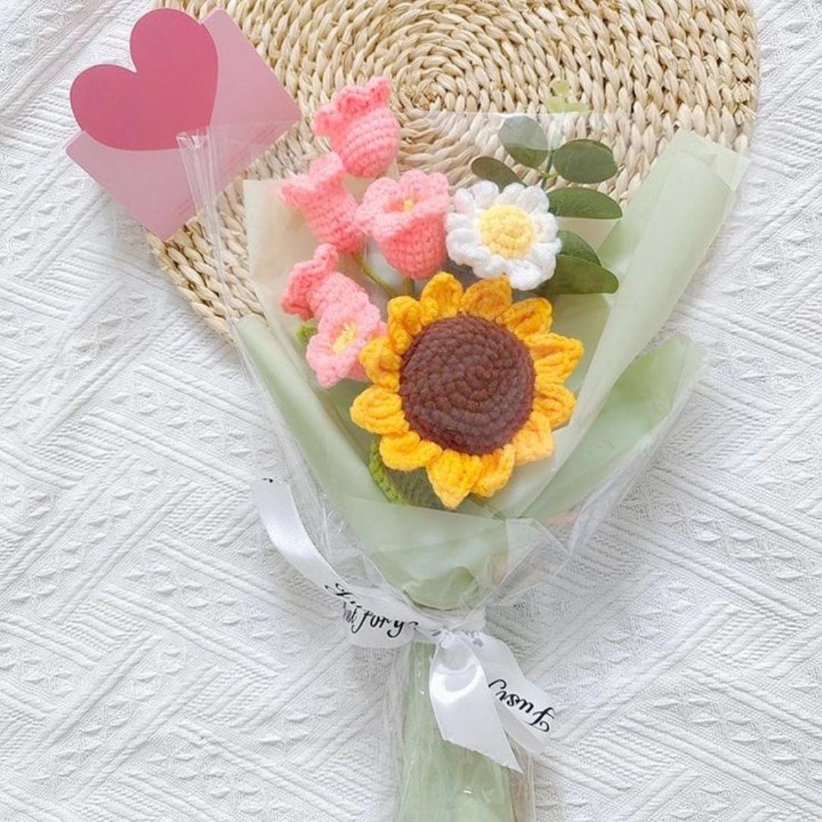 Cenyn Crochet Flowers Bouquet,Hand Knitted Sunflower Daisy Lily of The Valley,Eternal Warm Artificial Flowers Bouquet,Faux Plant