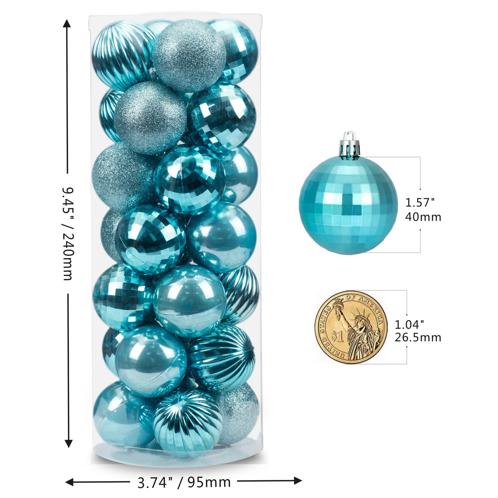 AUXO-FUN Small Size 28ct shatterproof Christmas Ball Ornaments in 4 Classic finishes for Christmas Tree Decoration (Light Blue,