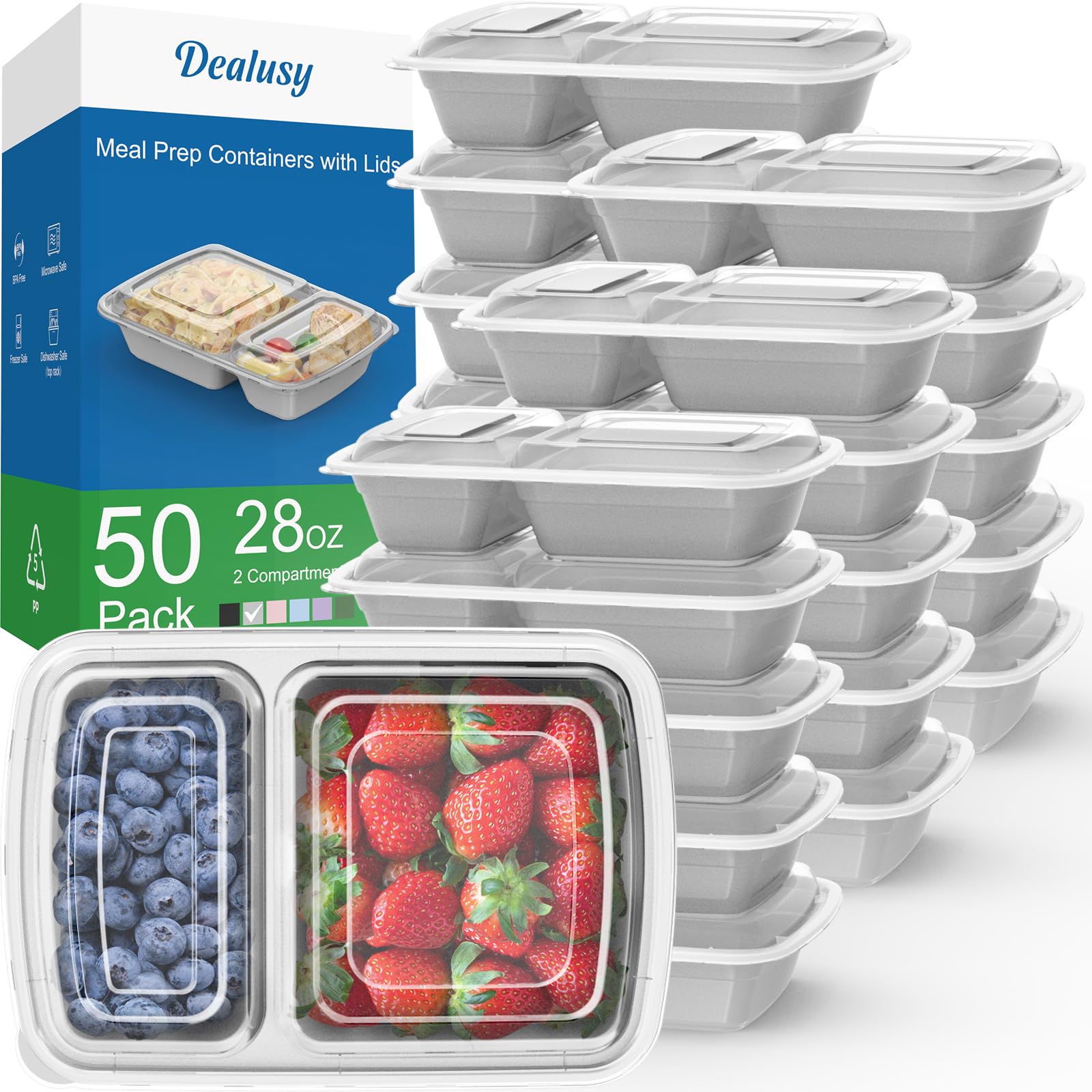 50 Pack (100-Piece) 28 Oz Meal Prep Containers Reusable With Lids 2-Compartment, Sturdy Leakproof Food Safe, Microwave Freezer D
