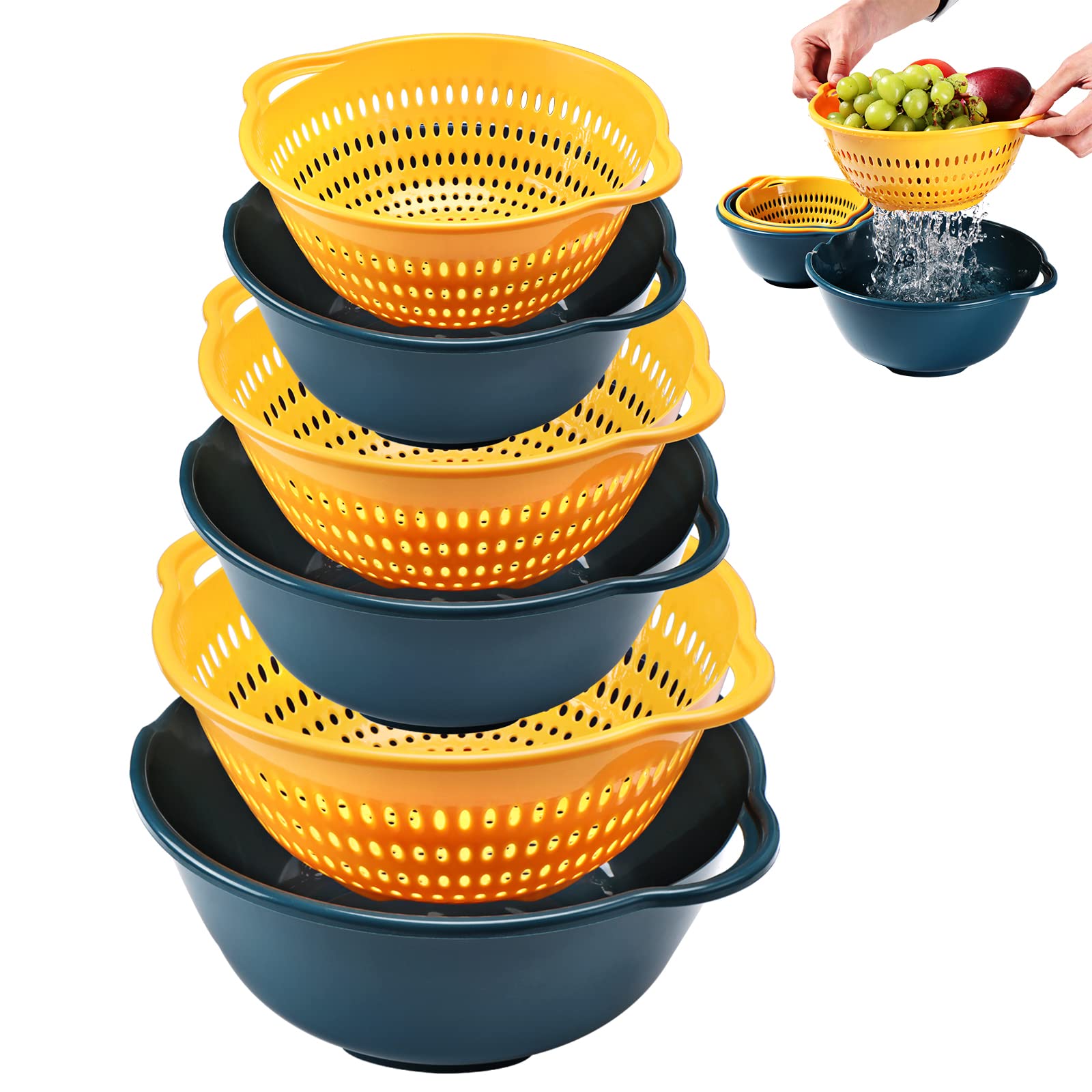 Lrecnom 6 Pieces Colander With Bowl, Food Strainer For Pasta Veggies And Fruits, Bpa Free, Dishwasher Safe (Blue)