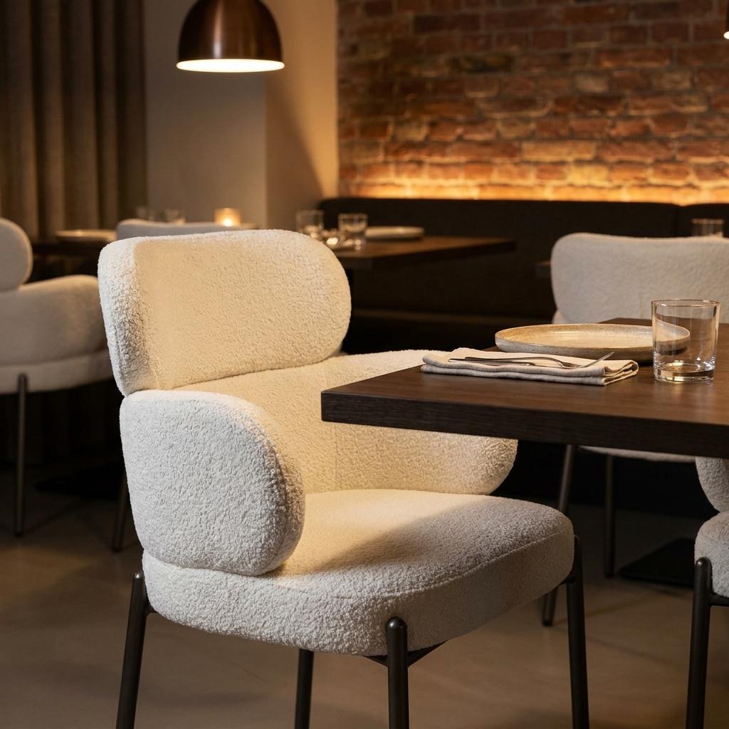 White And Gunmetal Boucle And Stainless Steel Dining Arm Chair