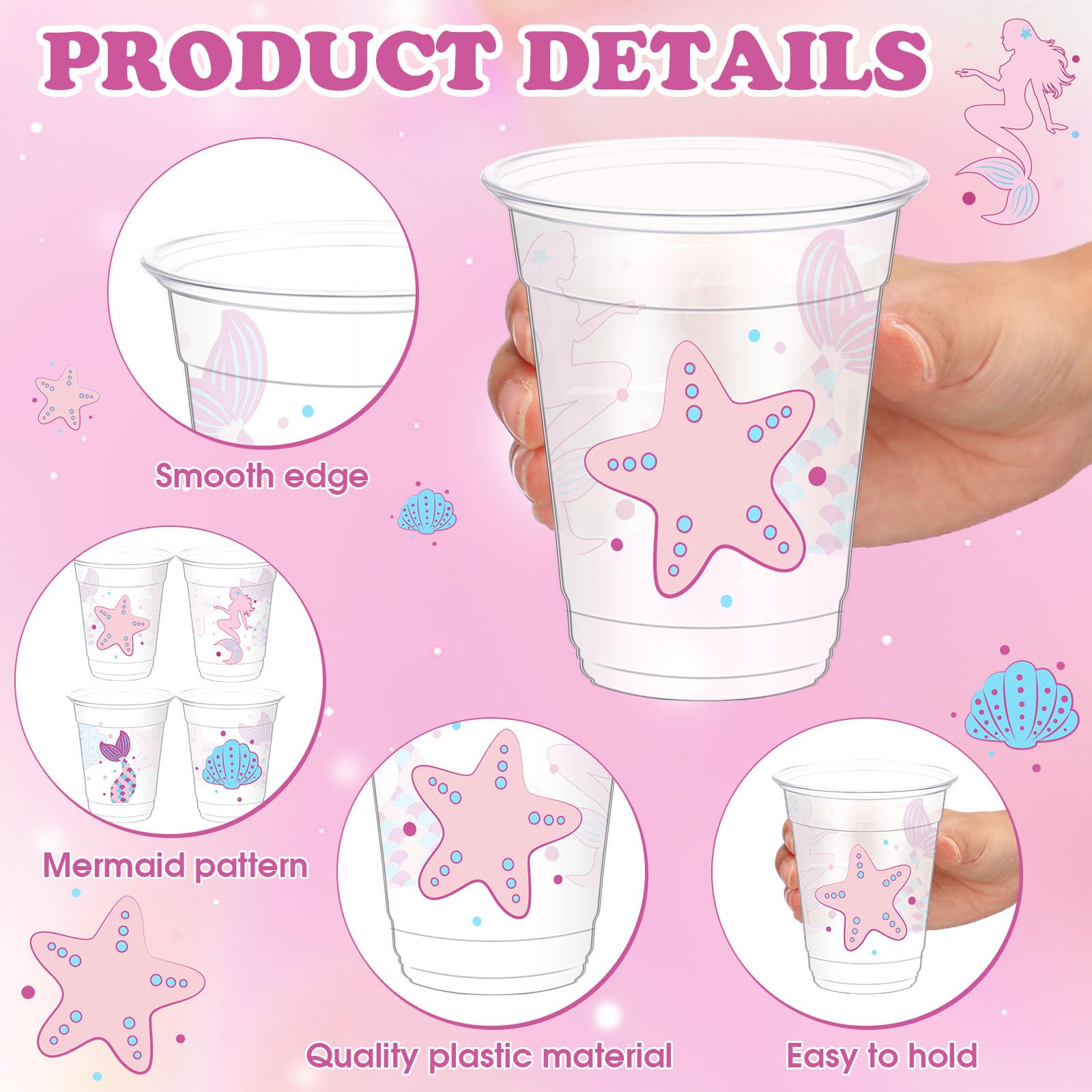 Yaomiao 50 Pieces Mermaid Party Cups Bulk 12 Oz Disposable Plastic Under The Sea Drinking Cups Mermaid Tail Shell Starfish Bever