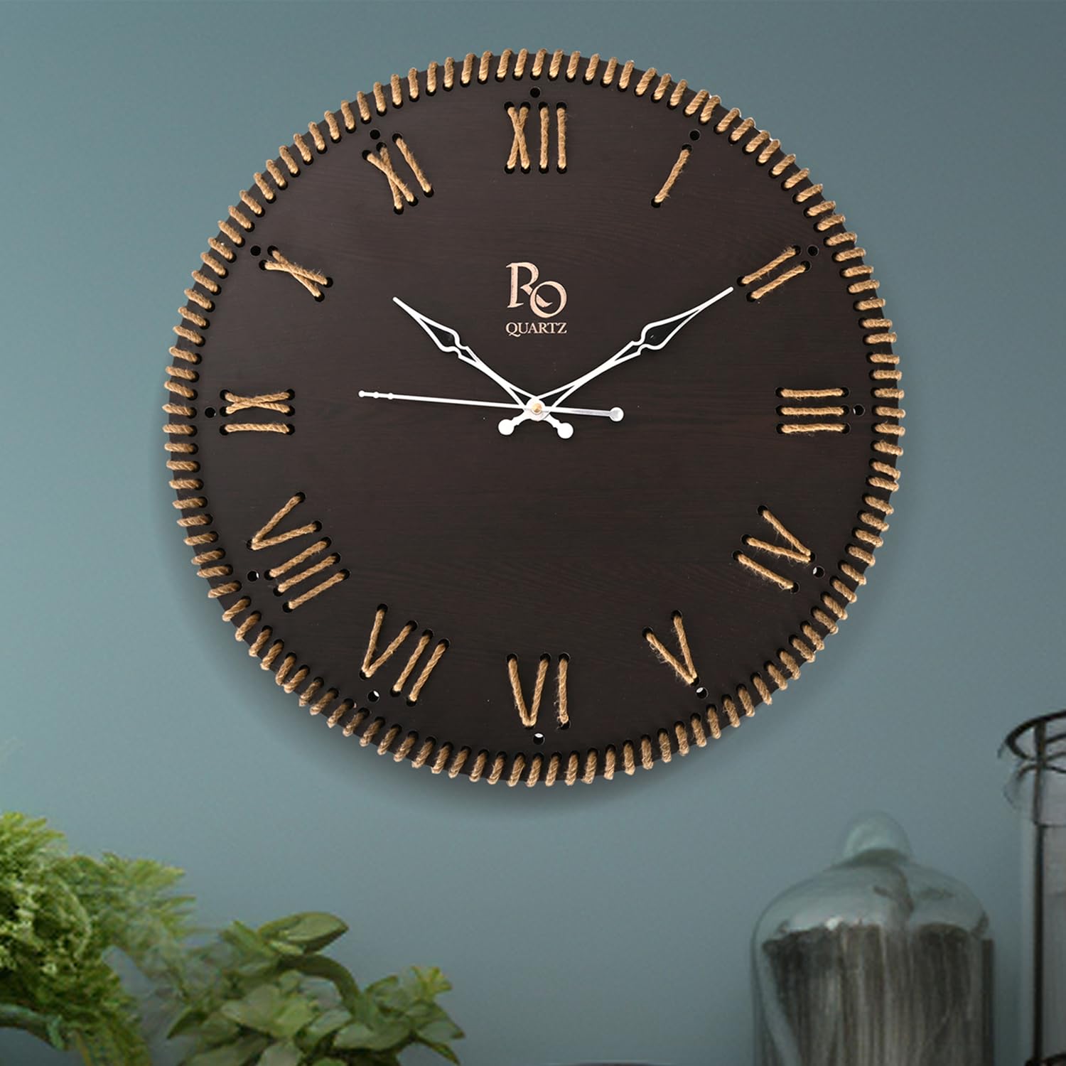 Regiis Opera Wooden Round Shape Roman Dial Wall Clock With Golden Jute Detailing And Silver Hands | Silent Quartz Movement Anti 