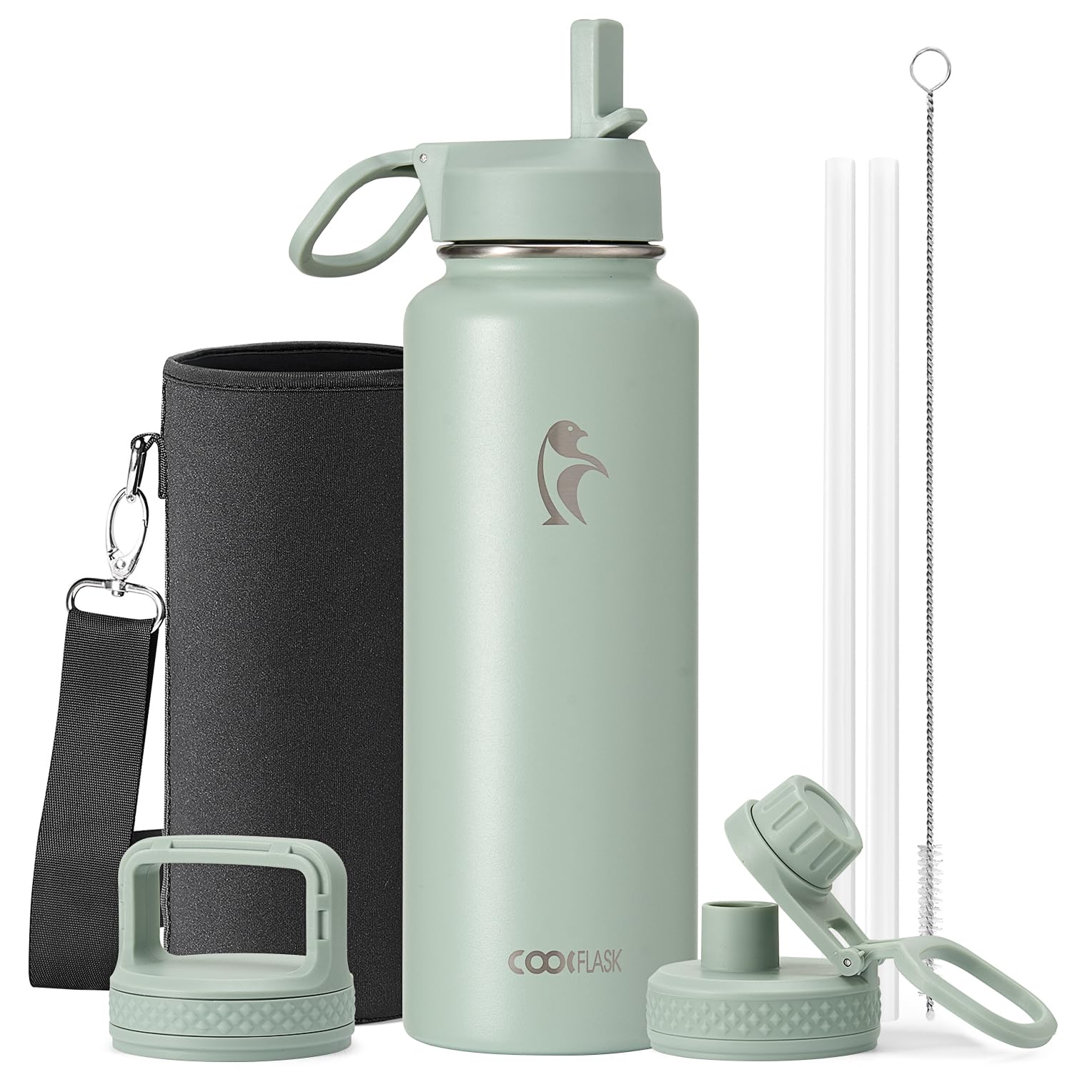 Coolflask Water Bottle 40 oz Insulated with Straw, Stainless Steel Metal 3 Lids Water Flask for Sports or Office, Keep Cold 48H 