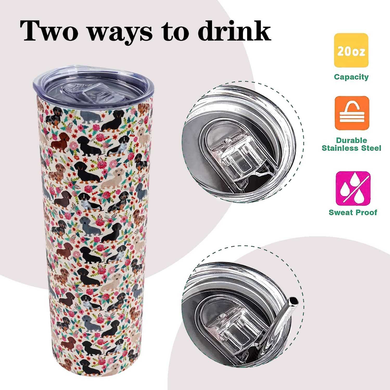 Baiheyi Dachshund Gifts - Dachshund Gifts For Women - Dachshund Insulated Tumblers With Straw And Lid 20 Oz - Dachshund For Dog