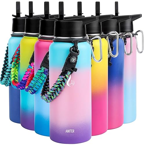 Amiter 32Oz Insulated Bottle With Straw & Spout Lids, Double-Wall Vacuum Stainless Steel Water Bottle, Keep Beverages Cold For 2