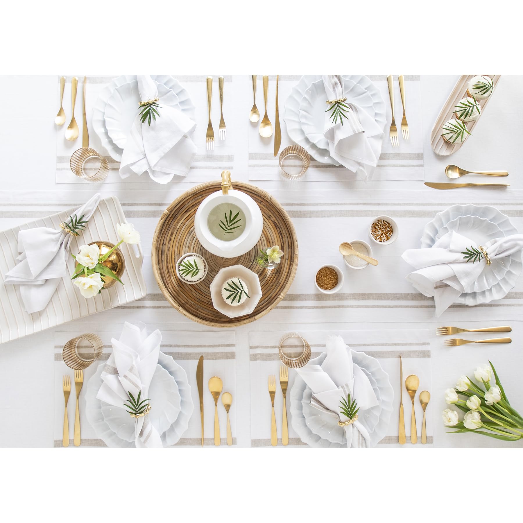 Solino Home Stripe Linen Placemats 19'' L X 14'' W - 100% Pure Linen Natural And White Cloth Placemats Set Of 6 - French Stripe,