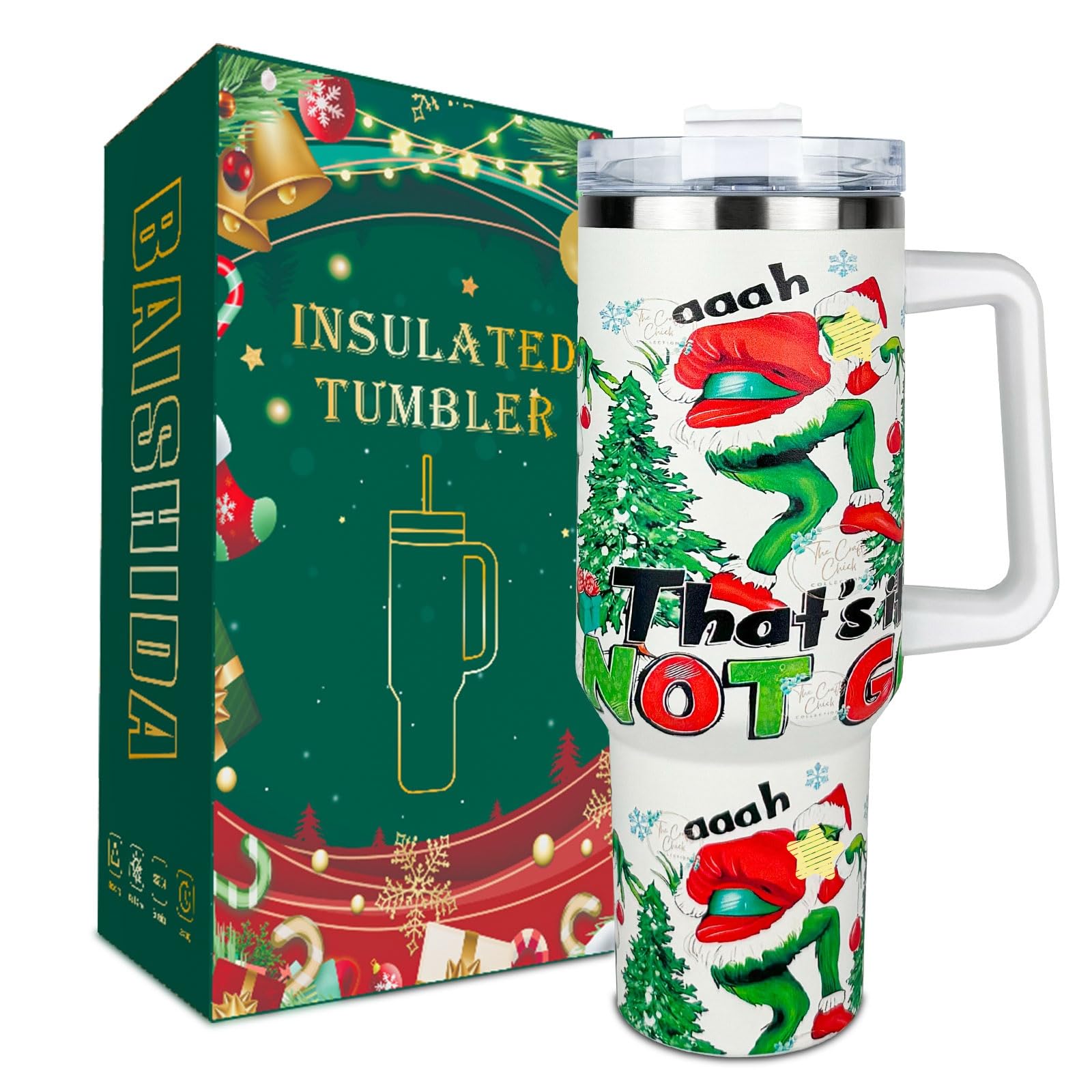 BAISHIDA 40 oz Grinchi ChristmasTumbler with Lid and Straw, Stainless Steel Tumbler with Handle, Car Mug Outdoor Sports Travel G